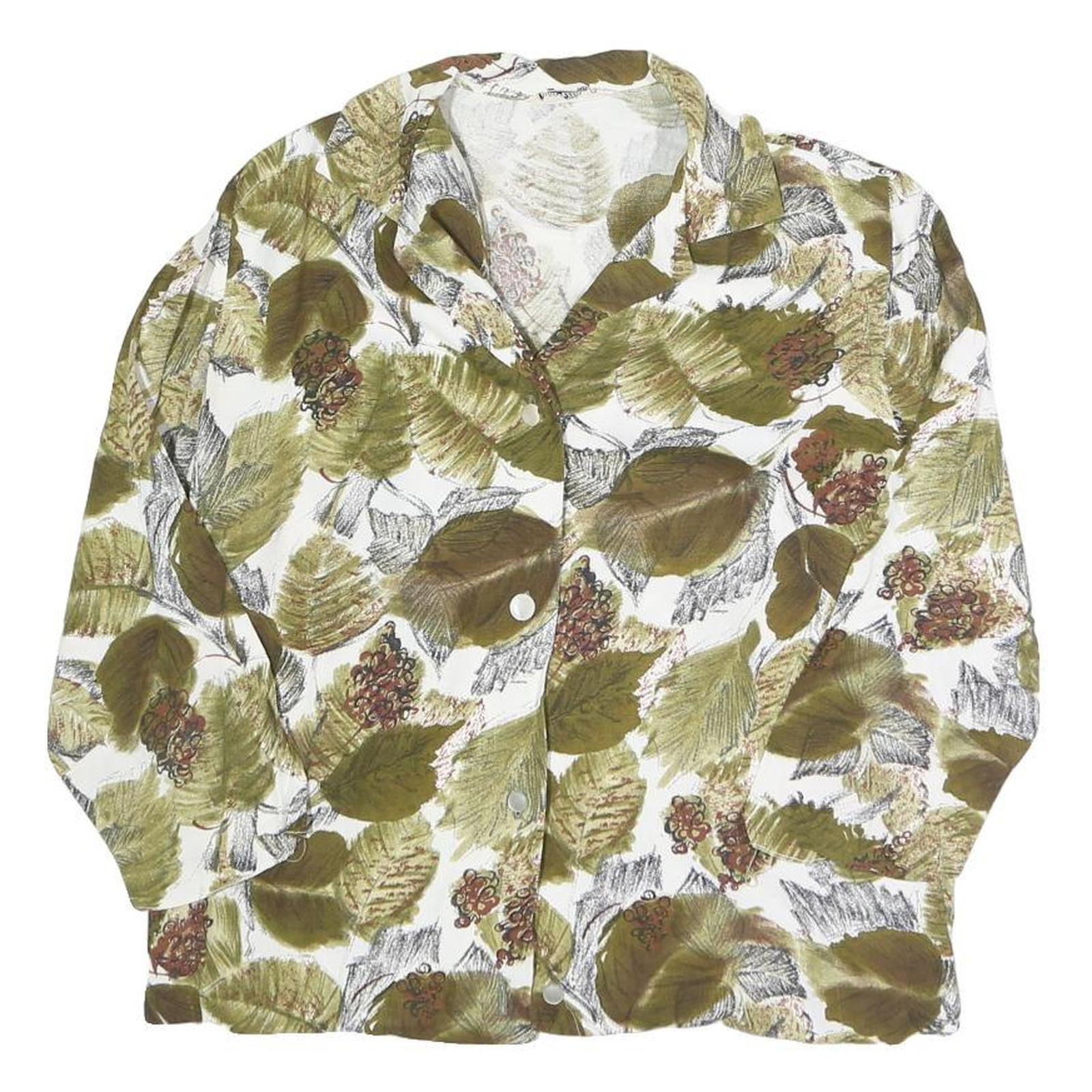 Womens White Green Leaf Print Basic Shirt Long Sleeve Collared Cotton S Button Refurbished - N/A refurbished available on Cerqular