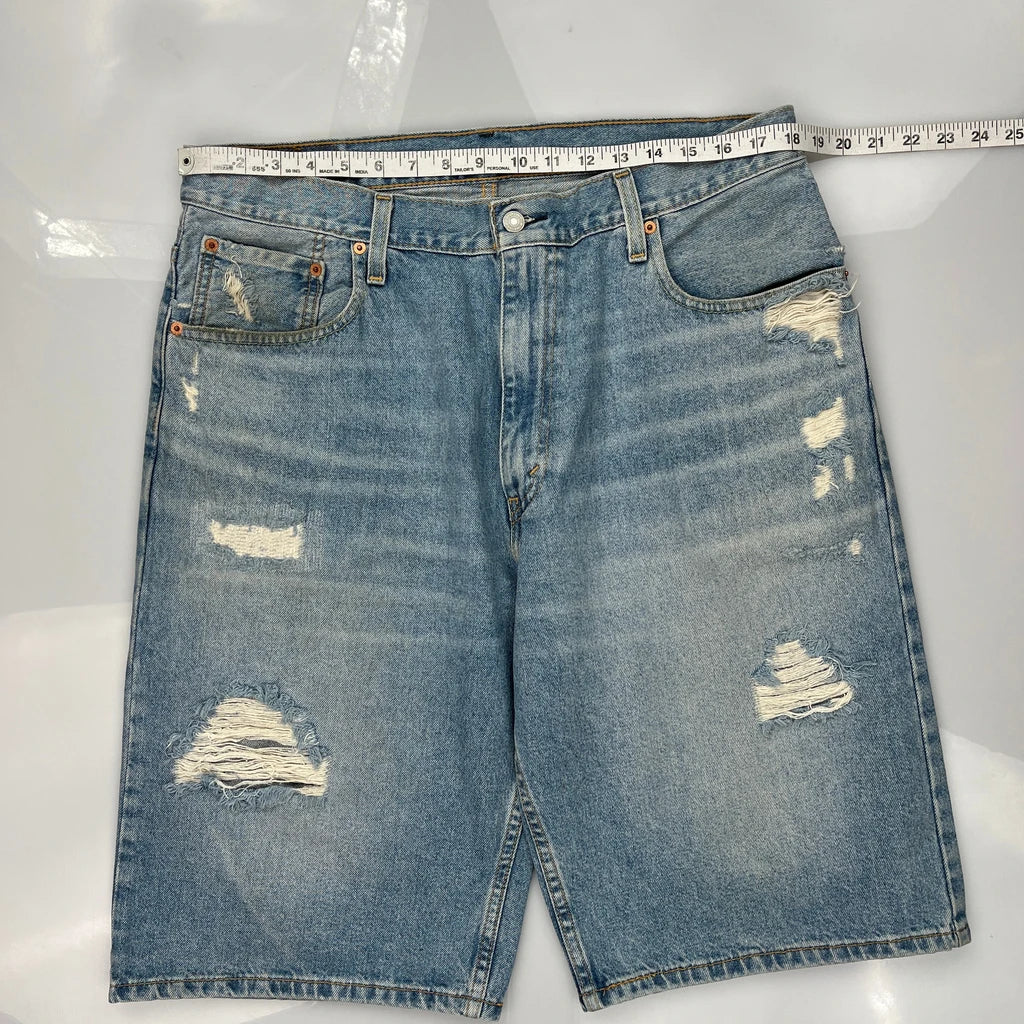 Levis Denim Shorts - 36W 12L Light Wash Cotton Refurbished - Thrifted (note: this is a term often used to describe second- refurbished available on Cerqular