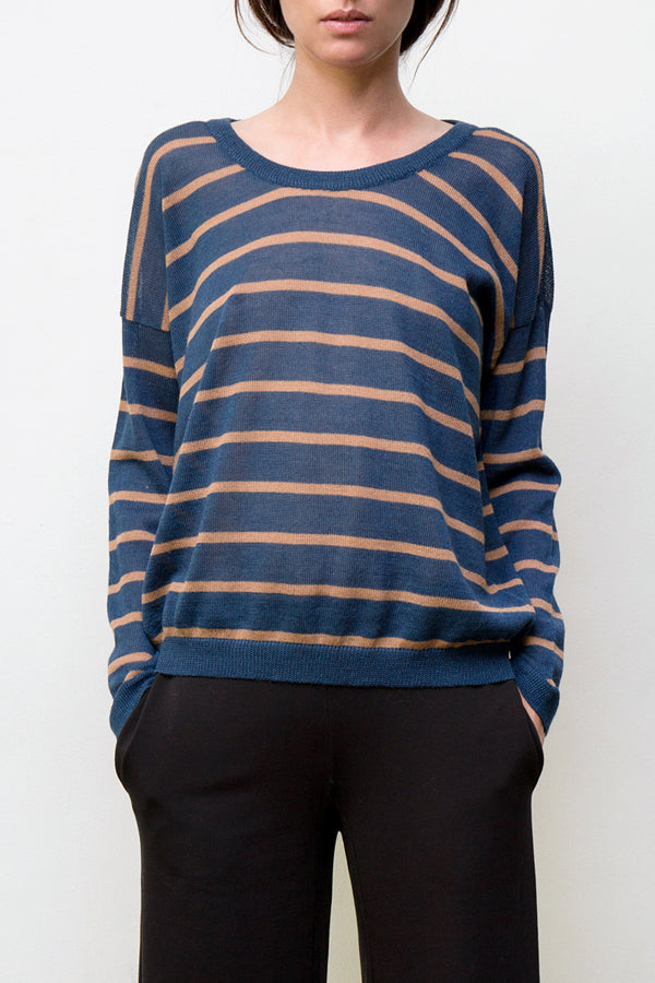 Buy Nini Hand-Loomed Pima Cotton Striped Pullover — Blue/Camel | Size: small Refurbished - $295.00 Nini Hand-Loomed Pima Cotton Striped Pullover — Blue/Camel | Size: small Refurbished - N/A (Note: There is no well-known brand called "AR refurbished available on Cerqular
