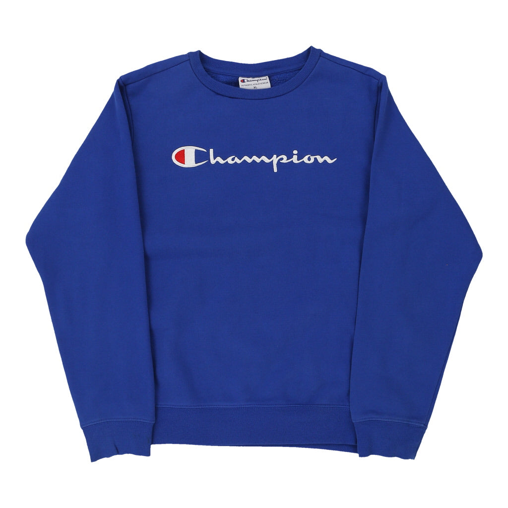 Age 14-16 Champion Spellout Sweatshirt - XL Blue Cotton Blend Refurbished - Thrifted (note: this is a term often used to describe second- refurbished available on Cerqular