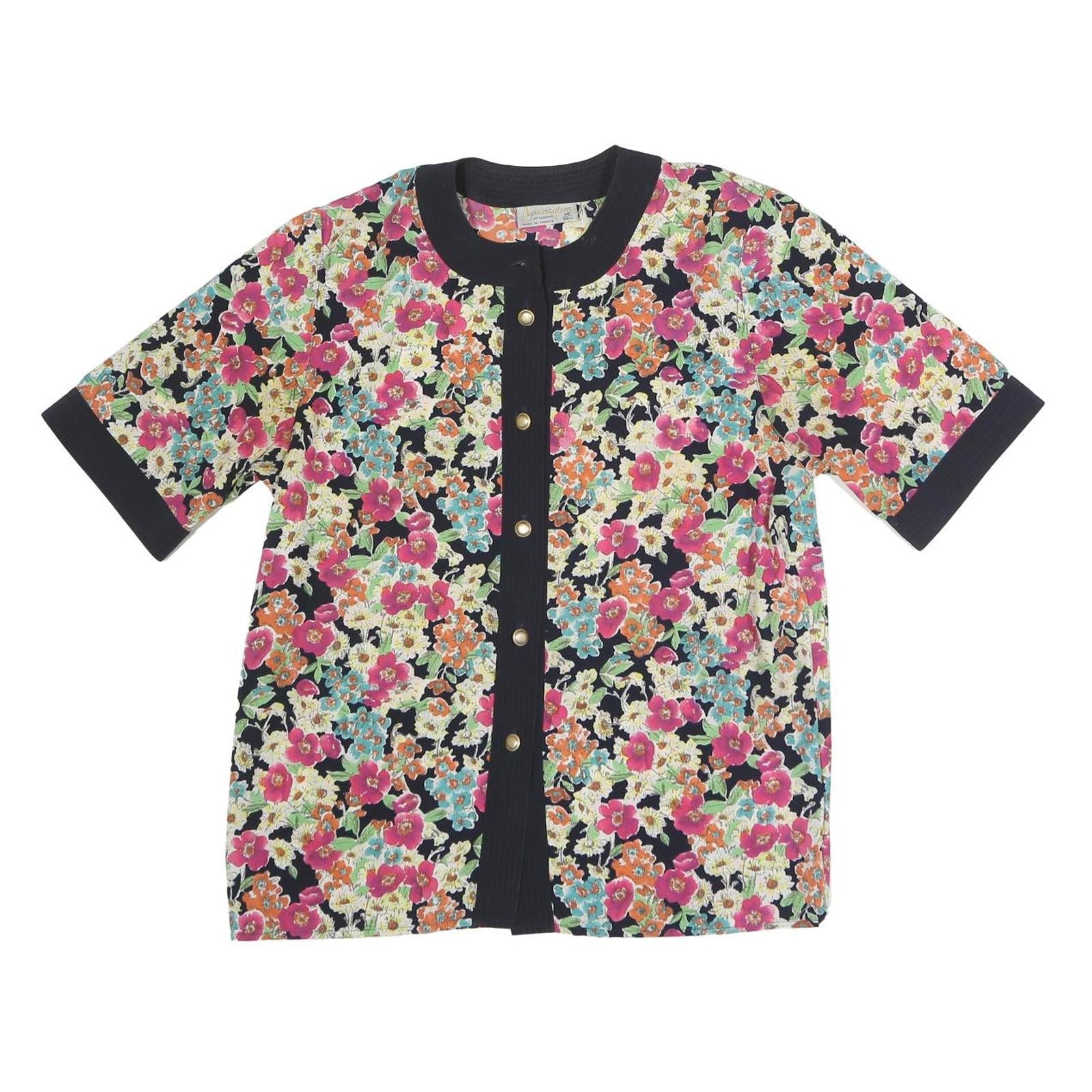 AQUA Womens Black Floral Print Button Short Sleeve Crew Neck Top M Stylish Refurbished - N/A refurbished available on Cerqular