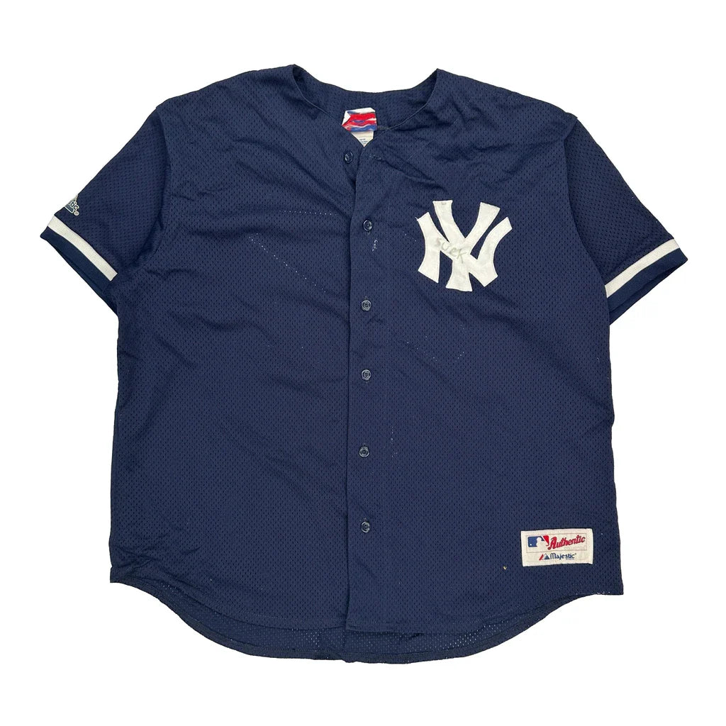 New York Yankees Majestic Mlb Jersey - 2XL Navy Polyester Refurbished - Thrifted (note: this is a term often used to describe second- refurbished available on Cerqular