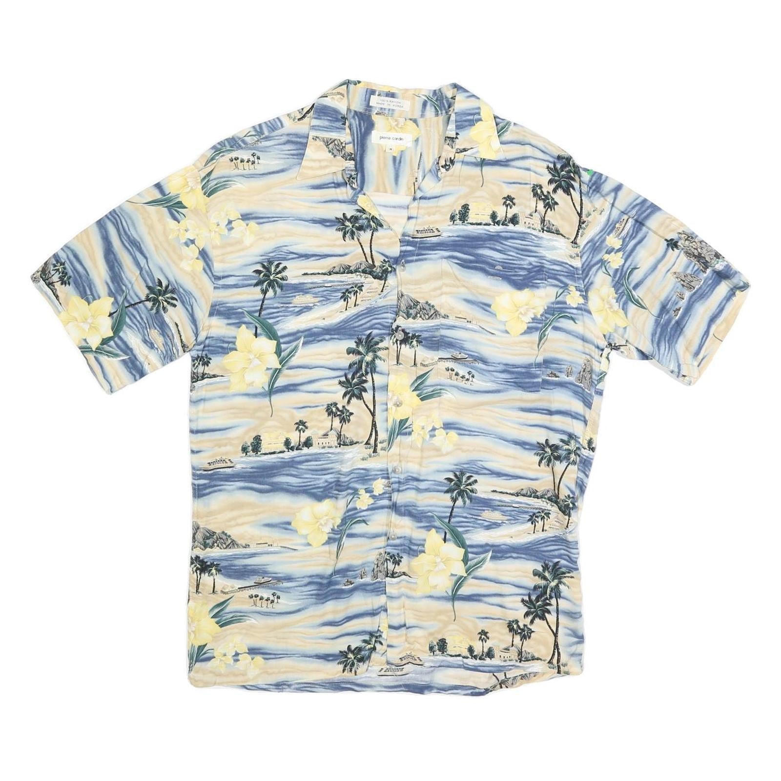 PIERRE CARDIN Mens Blue & Cream Hawaiian Shirt M Rayon Relaxed Fit Refurbished - N/A refurbished available on Cerqular
