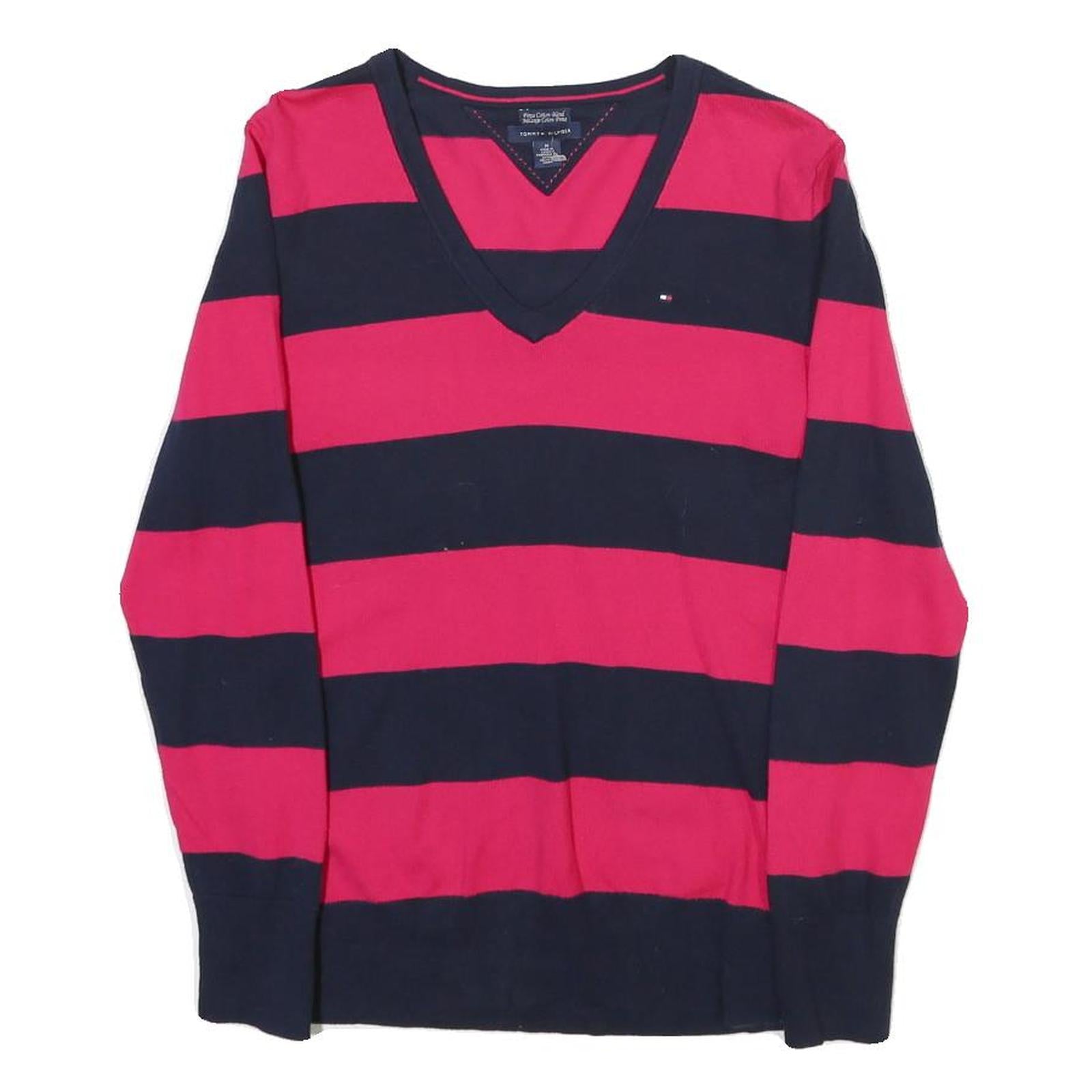 TOMMY HILFIGER Womens Red & Navy Patterned V-Neck Regular Fit Jumper M Cotton Refurbished - N/A refurbished available on Cerqular