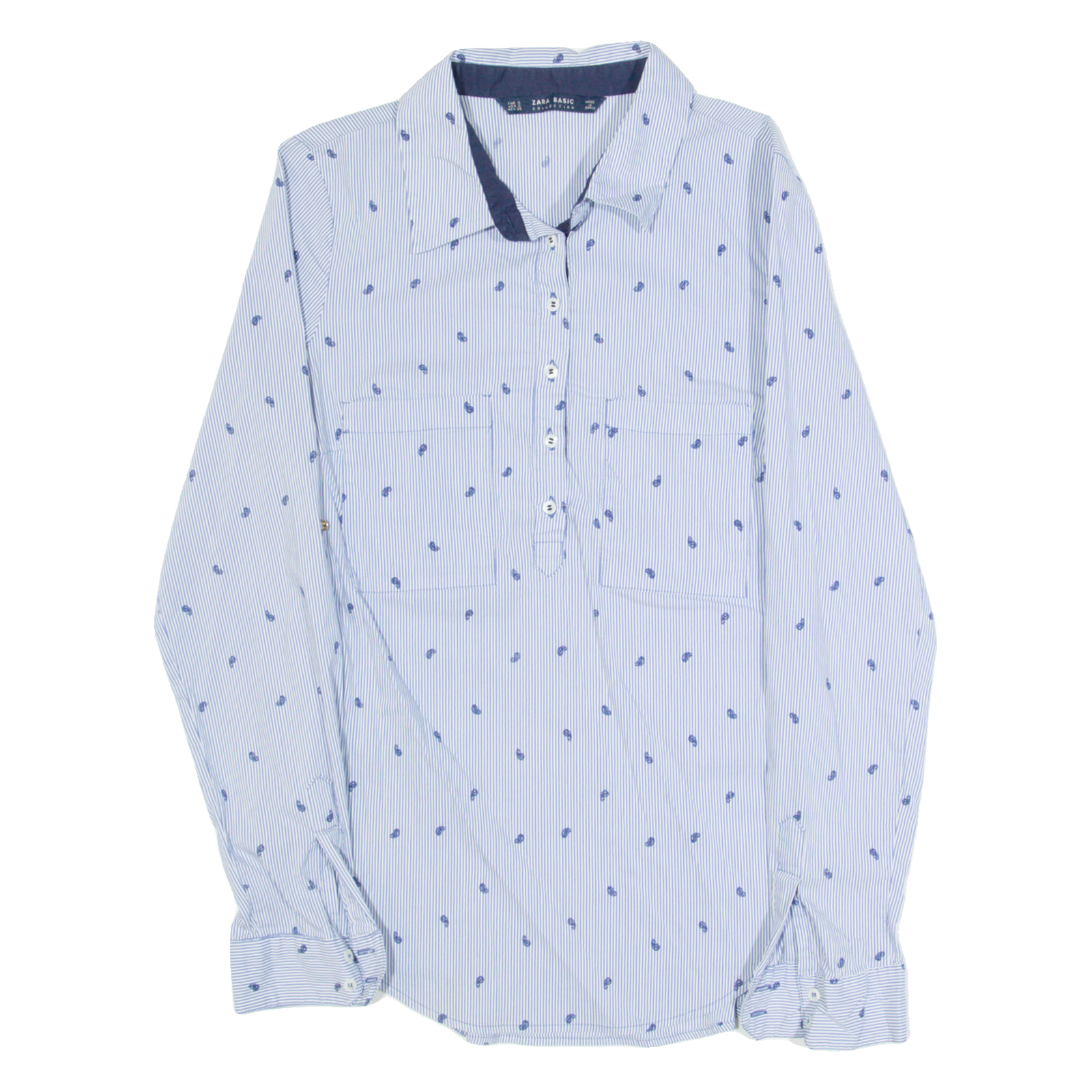 ZARA BASIC Womens Printed Shirt Blue Collared Long Sleeve Striped S Refurbished - N/A refurbished available on Cerqular