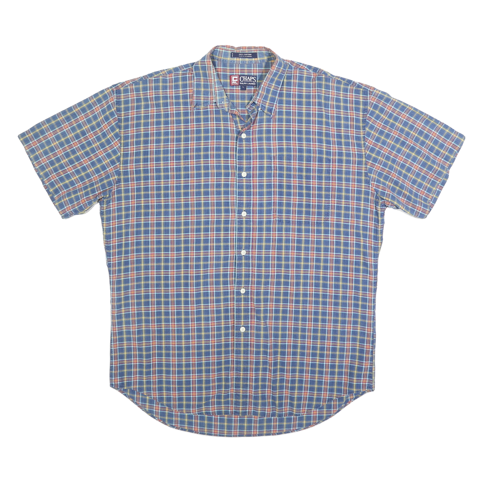 CHAPS Mens Blue Check Shirt L Cotton Casual Short Sleeve Button Down Refurbished - N/A refurbished available on Cerqular