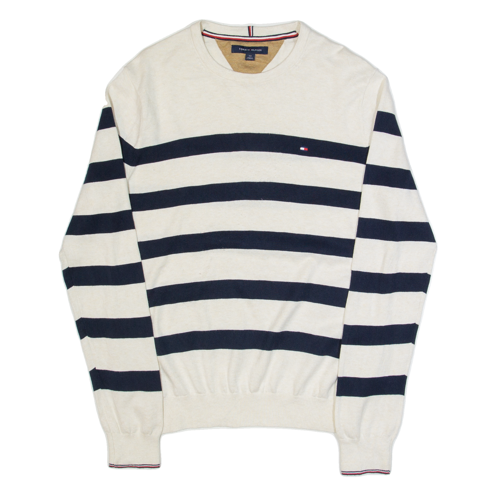TOMMY HILFIGER Mens Patterned Jumper Beige Striped V-Neck Tight Knit S Refurbished - N/A refurbished available on Cerqular