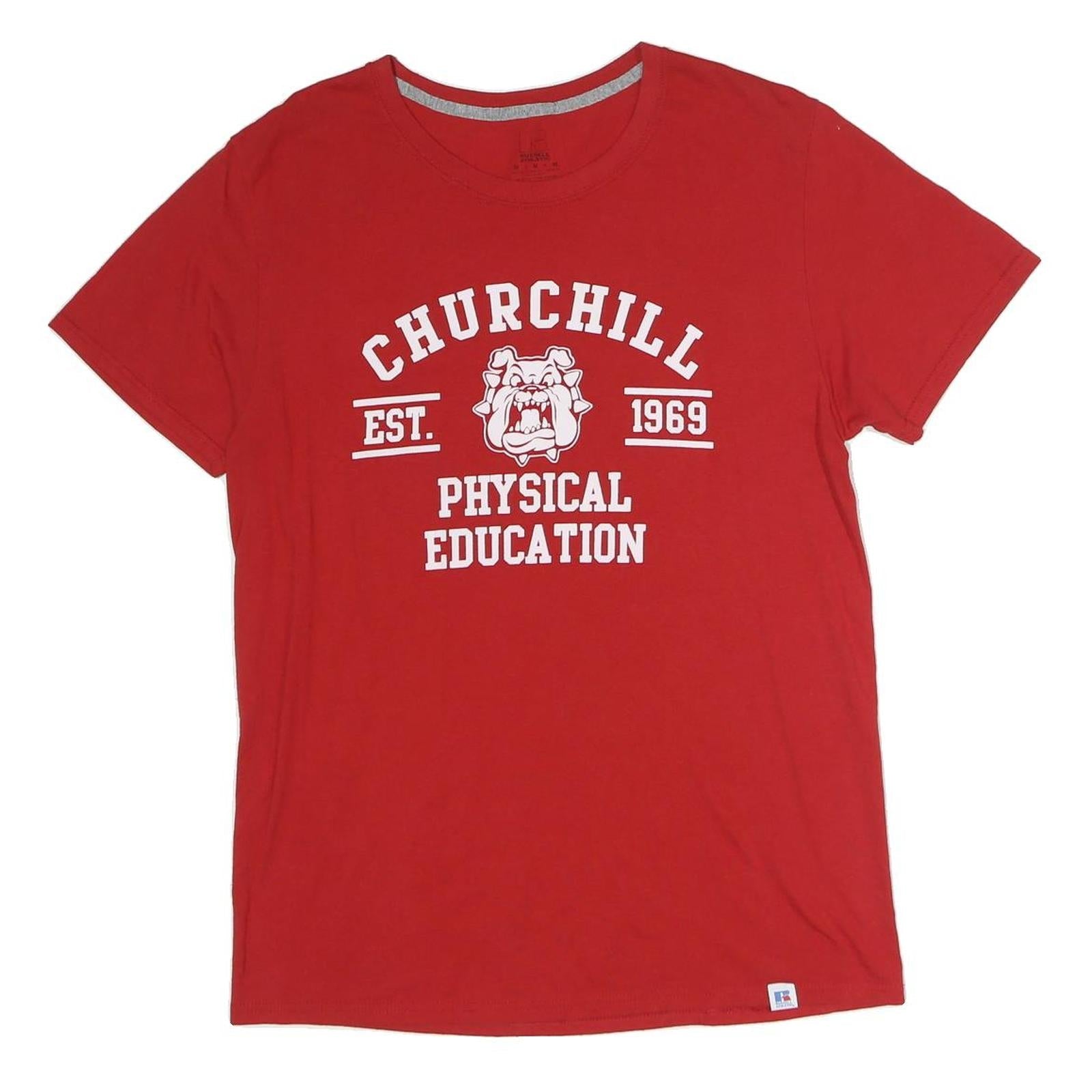 RUSSELL ATHLETIC Mens Red Churchill Physical Education Graphic T-Shirt M Crew Refurbished - N/A refurbished available on Cerqular