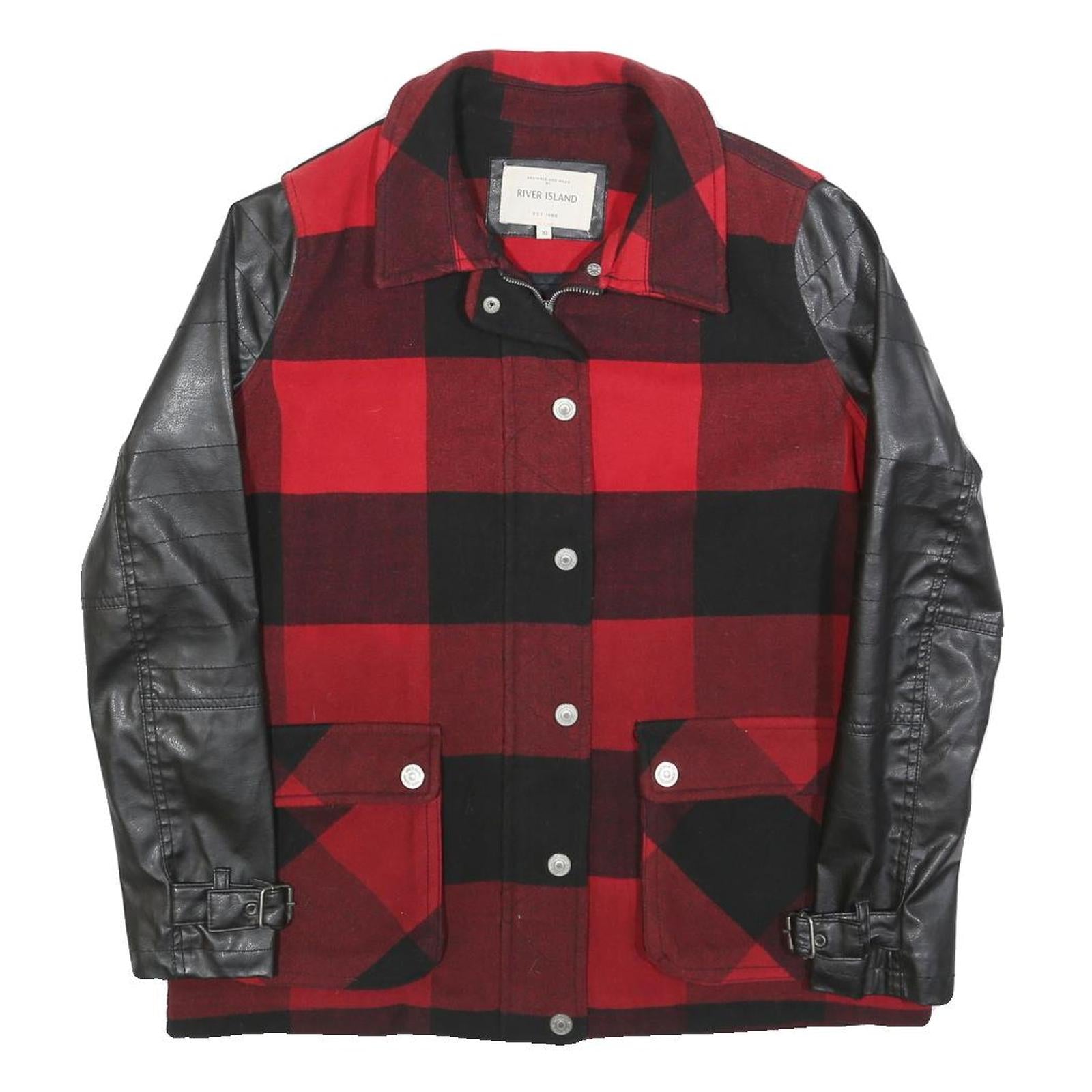 RIVER ISLAND Womens Red & Black Jacket UK 10 Polyester Blend Button Checked Refurbished - N/A refurbished available on Cerqular