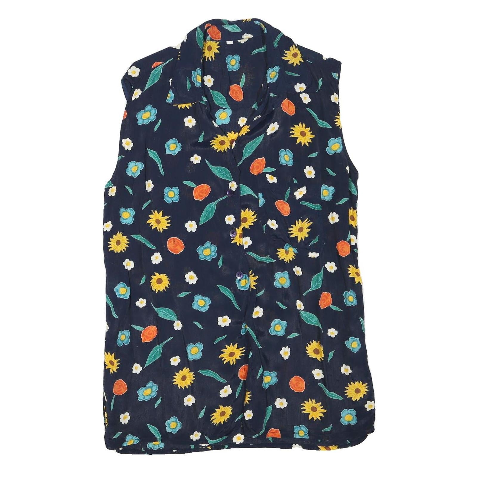 Womens Navy Blue Floral Sleeveless Shirt Button Neck L Summer Casual Refurbished - N/A refurbished available on Cerqular