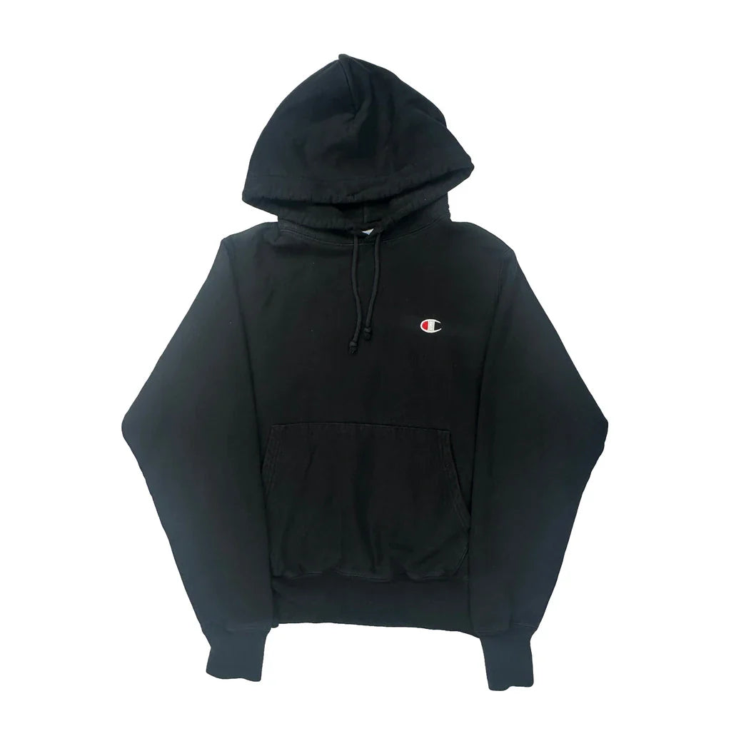 Reverse Weave Champion Hoodie - Small Black Cotton Refurbished - Thrifted (note: this is a term often used to describe second- refurbished available on Cerqular
