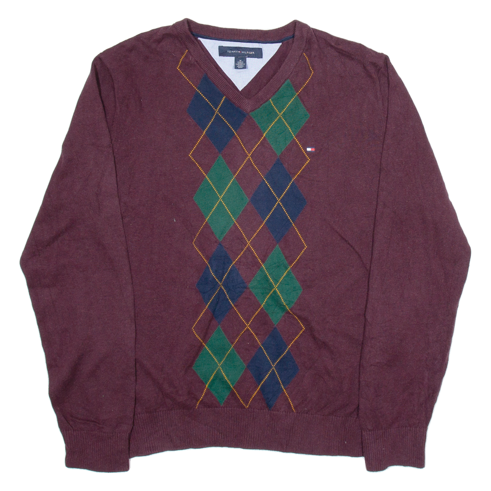 TOMMY HILFIGER Mens Patterned Jumper Maroon Argyle V-Neck Tight Knit M Refurbished - N/A refurbished available on Cerqular