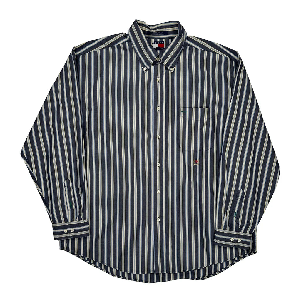 Tommy Hilfiger Striped Shirt - XL Blue Cotton Refurbished - Thrifted (note: this is a term often used to describe second- refurbished available on Cerqular