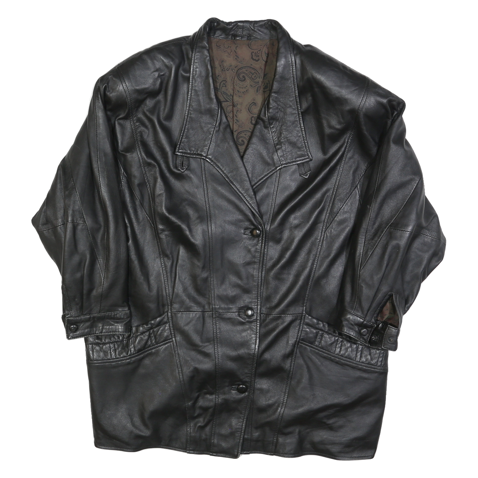 Womens Black Leather Classic Button Jacket L Plain Stylish Outerwear Refurbished - N/A refurbished available on Cerqular