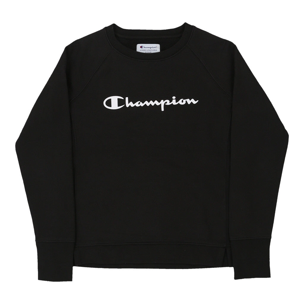 Champion Spellout Sweatshirt - Small Black Cotton Blend Refurbished - Thrifted (note: this is a term often used to describe second- refurbished available on Cerqular