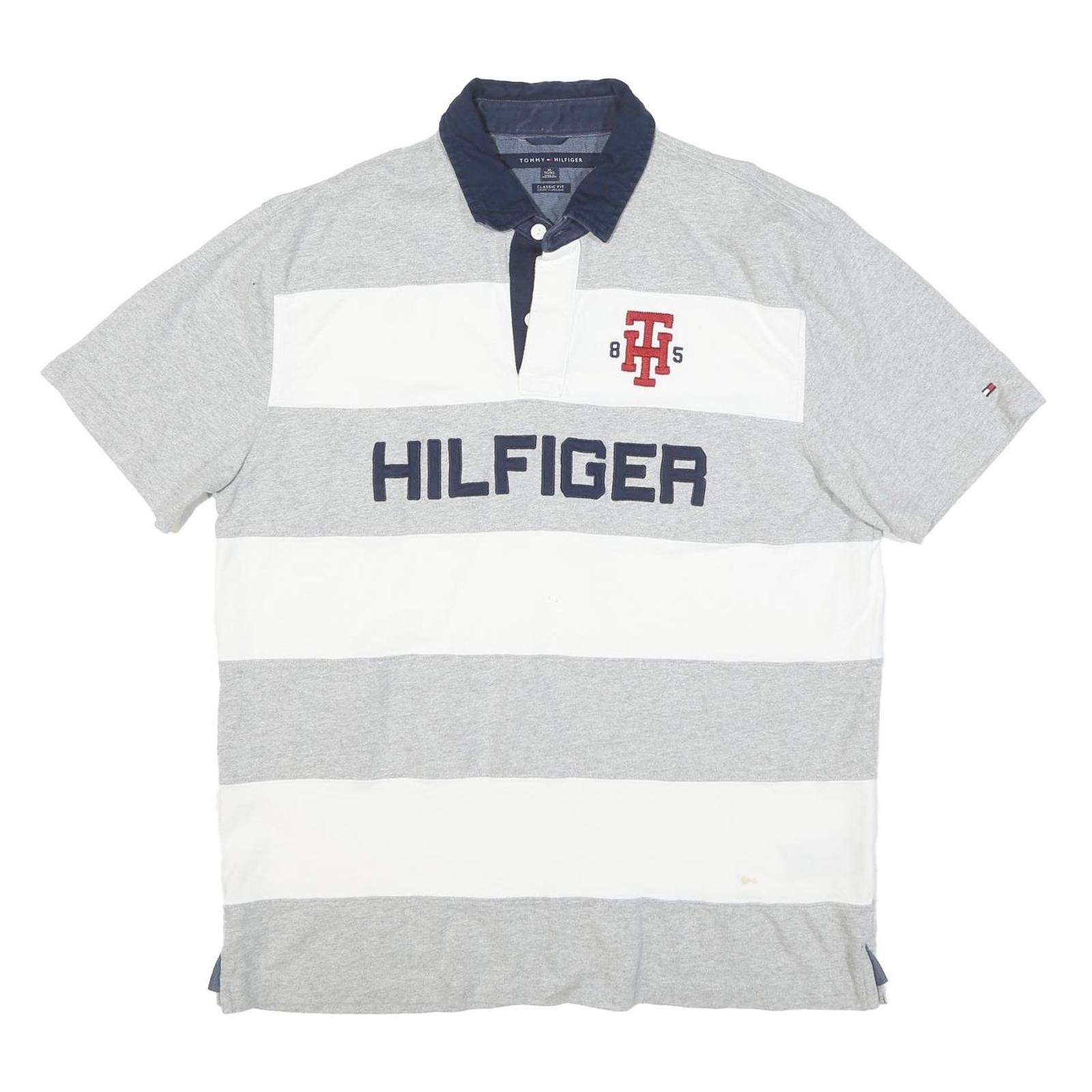 TOMMY HILFIGER Mens Grey & White Stripe Polo Shirt XL Classic Fit Cotton Blend Refurbished - N/A refurbished available on Cerqular