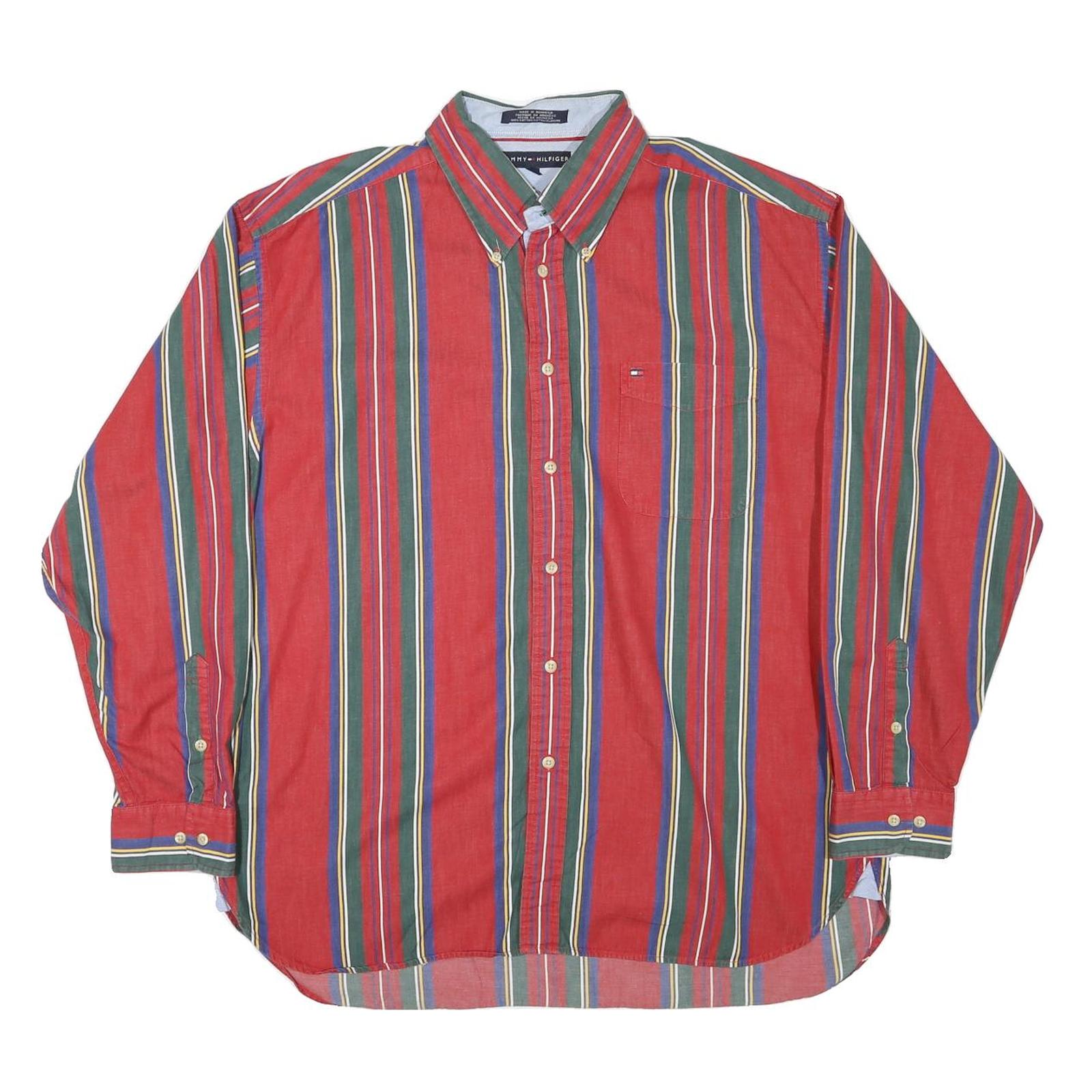 TOMMY HILFIGER Mens Red & Green Striped Shirt XL Button Down Long Sleeve Classic Refurbished - N/A refurbished available on Cerqular