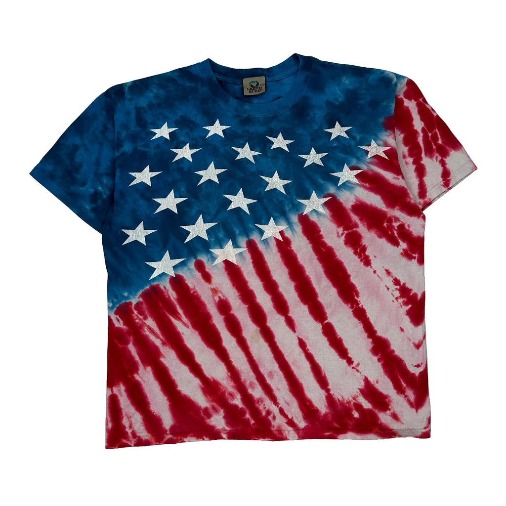American Flag Design Liquid Blue T-Shirt - Large Blue Cotton Refurbished - Thrifted (note: this is a term often used to describe second- refurbished available on Cerqular