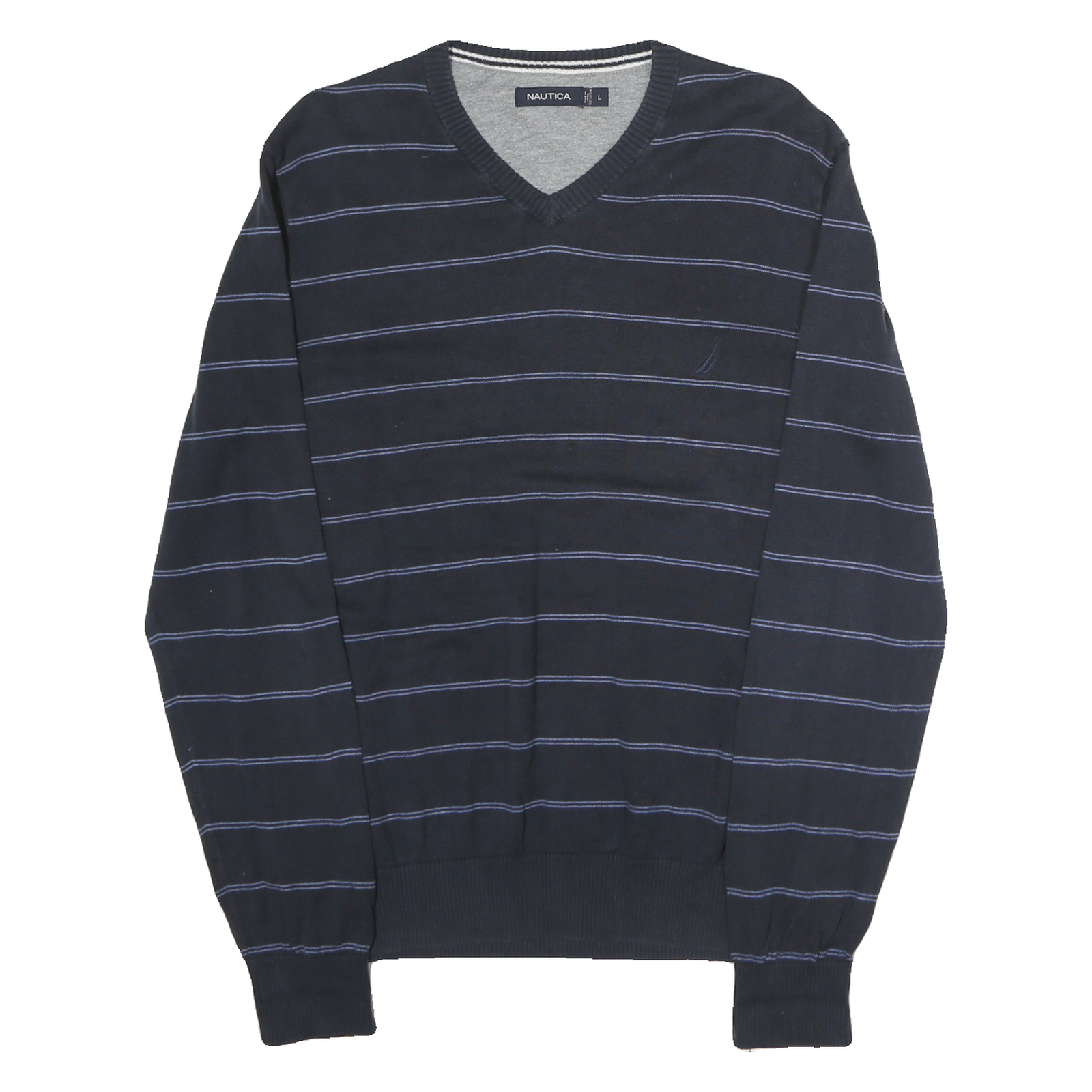 NAUTICA Mens Navy Blue & Light Blue Striped Patterned V-Neck Jumper Basic Knit L Refurbished - N/A refurbished available on Cerqular