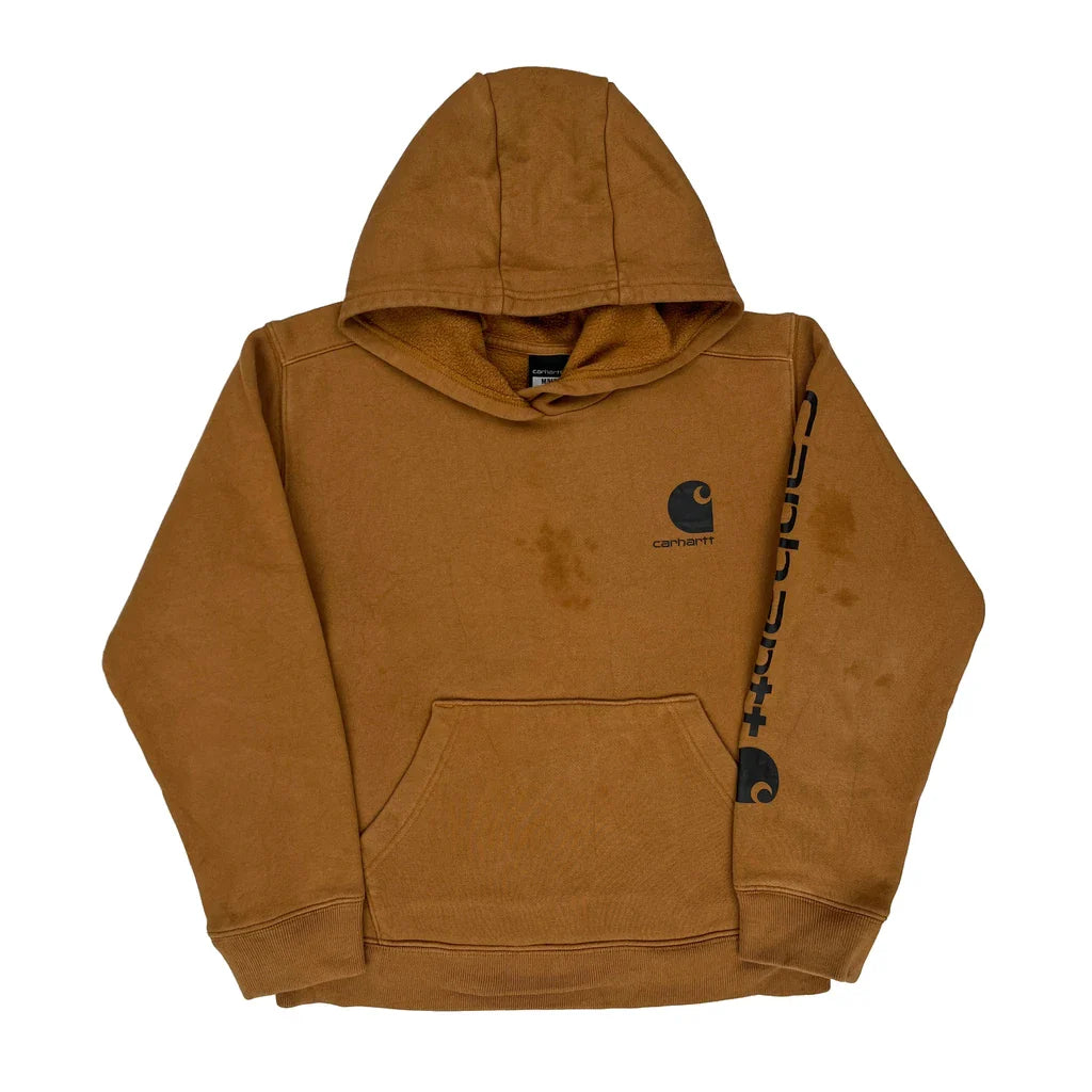 Age 10-12 Carhartt Spellout Hoodie - Medium Brown Cotton Refurbished - Thrifted (note: this is a term often used to describe second- refurbished available on Cerqular