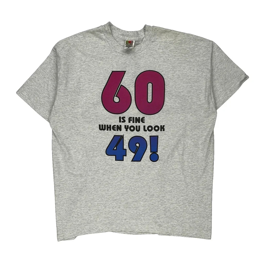 Age 60 Fruit Of The Loom Single Stitch T-Shirt - 2XL Grey Cotton Blend Refurbished - Thrifted (note: this is a term often used to describe second- refurbished available on Cerqular