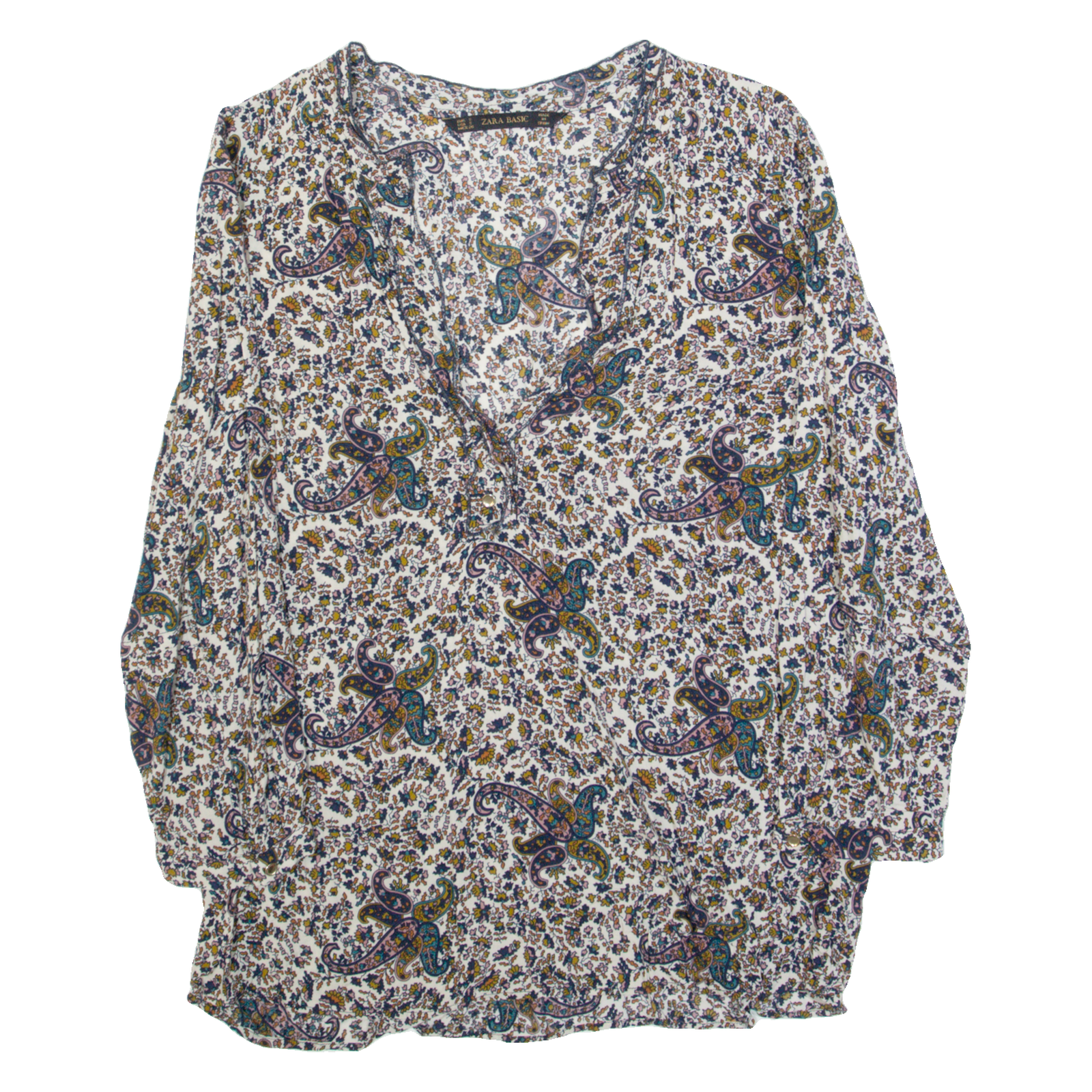 ZARA BASIC Womens Printed Blouse Cream V-Neck Long Sleeve Paisley XS Refurbished - N/A refurbished available on Cerqular