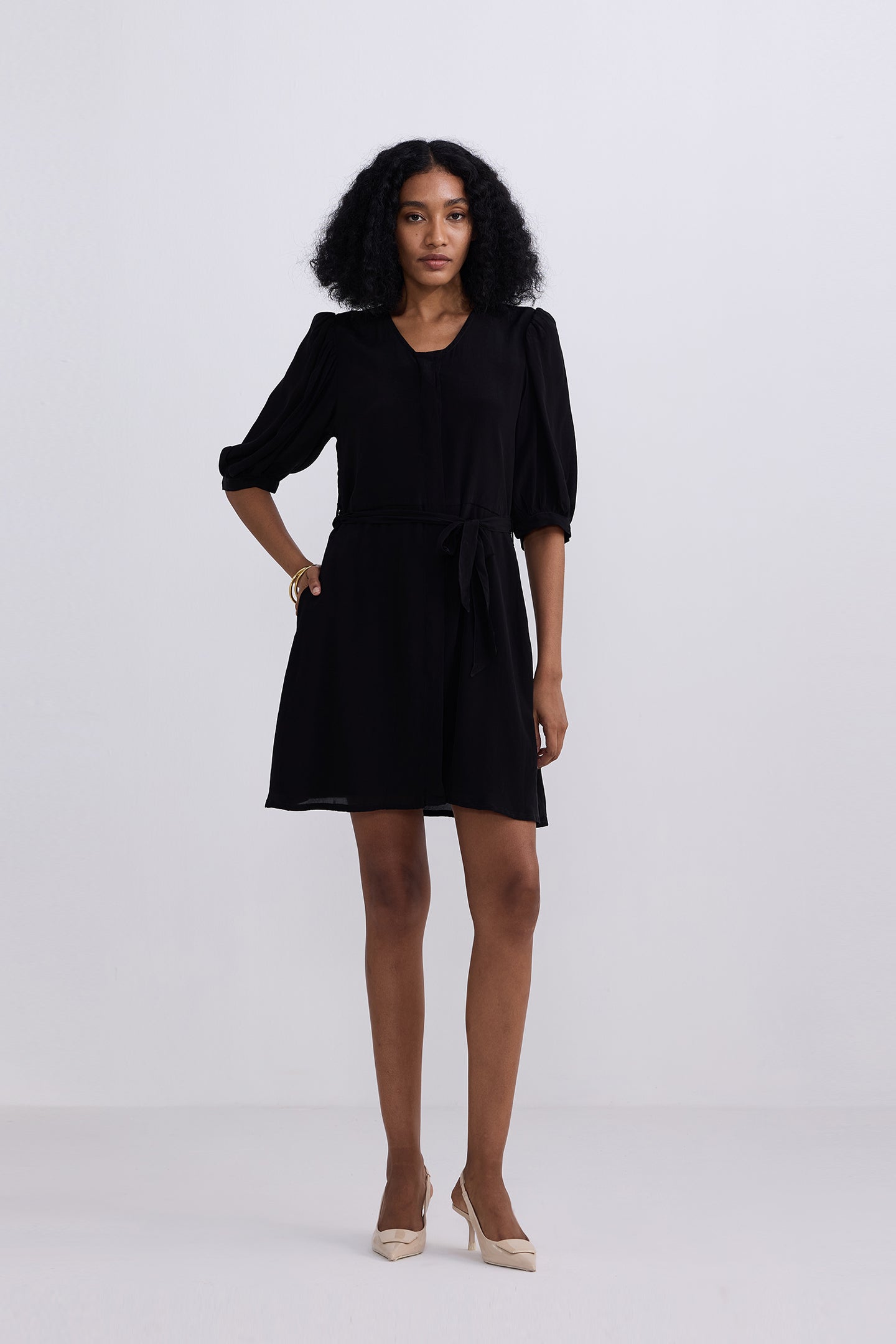 Short Dress with a Waist-tie in Black | Color: Black | Size: S Refurbished - Resistor (Note: This is a generic term for an electronic component, refurbished available on Cerqular
