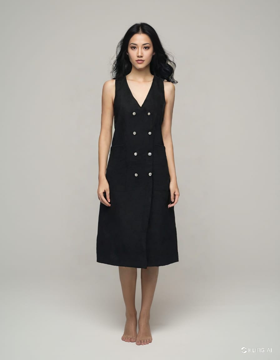 Women black linen dress - Button | Size: L Refurbished - N/A (Note: This brand may not be well-known globally refurbished available on Cerqular