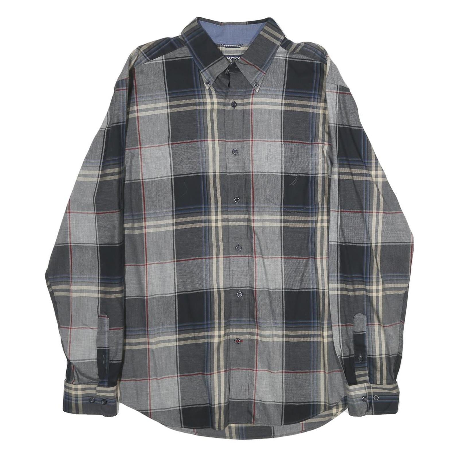 NAUTICA Mens Grey & Beige Check Cotton Shirt L Casual Button-Down Long Sleeve Refurbished - N/A refurbished available on Cerqular