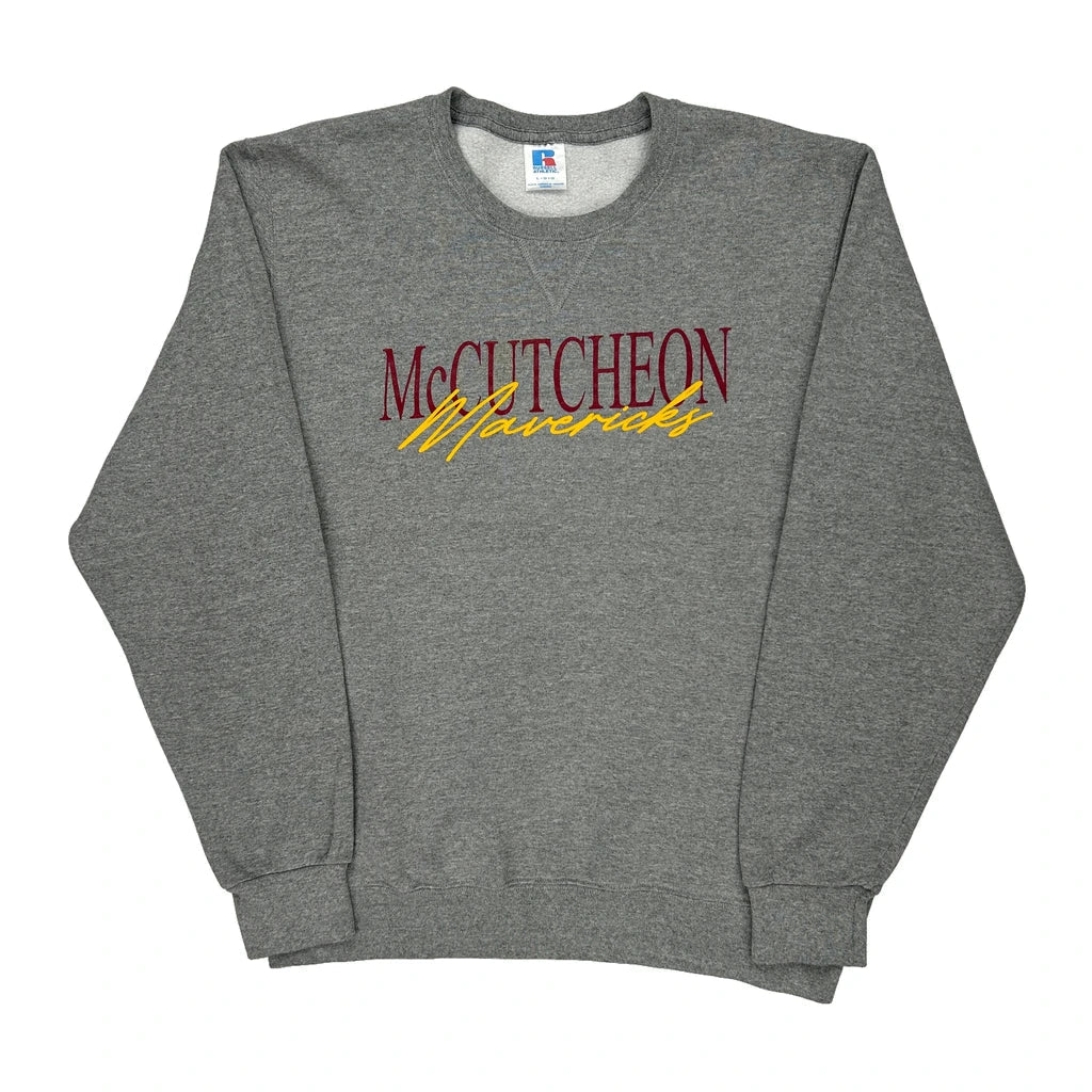 Russell Athletic College Sweatshirt - Large Grey Cotton Blend Refurbished - Thrifted (note: this is a term often used to describe second- refurbished available on Cerqular