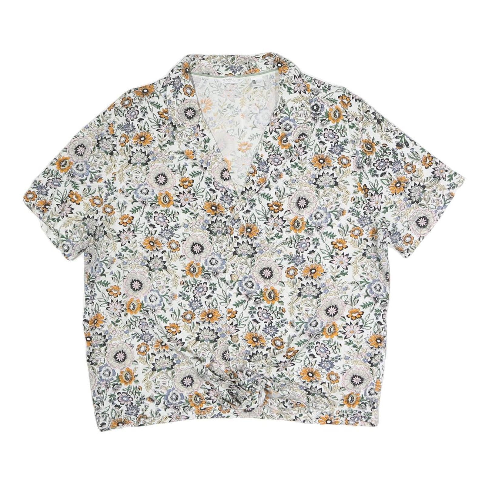ONEILL Womens White Floral Print Shirt Short Sleeve V-Neck L Cotton Blend Refurbished - N/A refurbished available on Cerqular