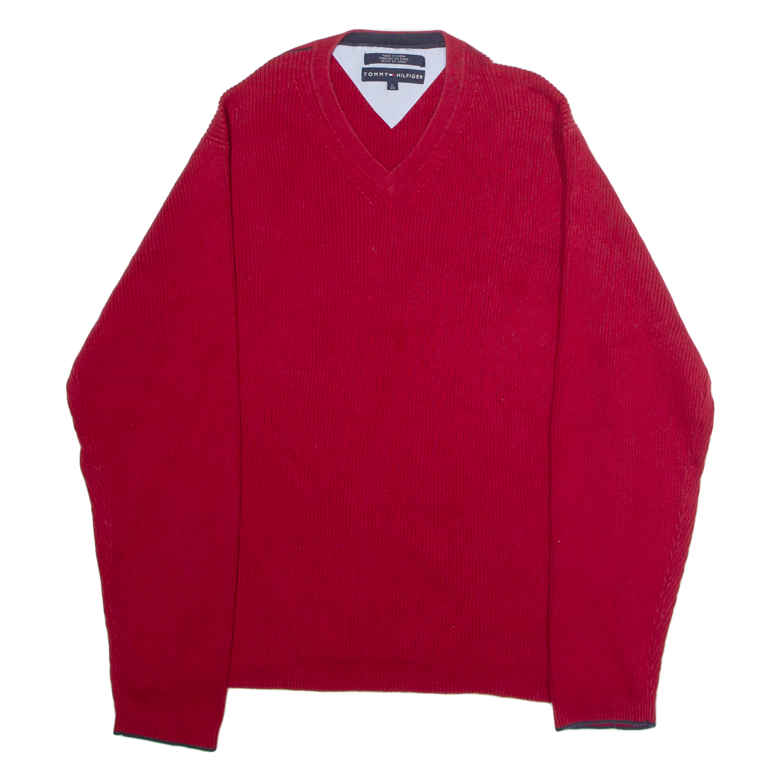 TOMMY HILFIGER Mens Jumper Red V-Neck Chunky Knit L Refurbished - N/A refurbished available on Cerqular