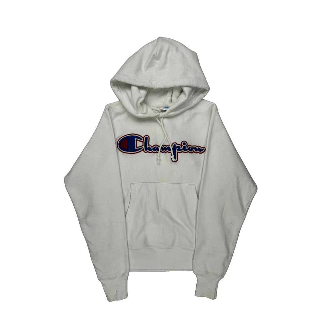 Reverse Weave Champion Spellout Hoodie - XS White Cotton Refurbished - Thrifted (note: this is a term often used to describe second- refurbished available on Cerqular
