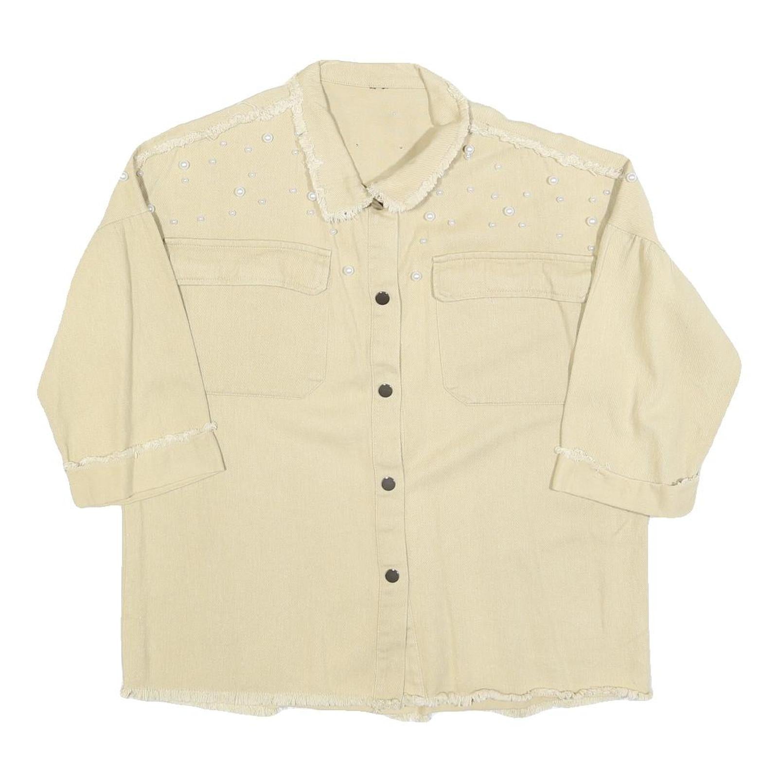 Womens Beige Cotton Blend Shirt M Button Front Frayed Hem Pearl Detail Relaxed Refurbished - N/A refurbished available on Cerqular