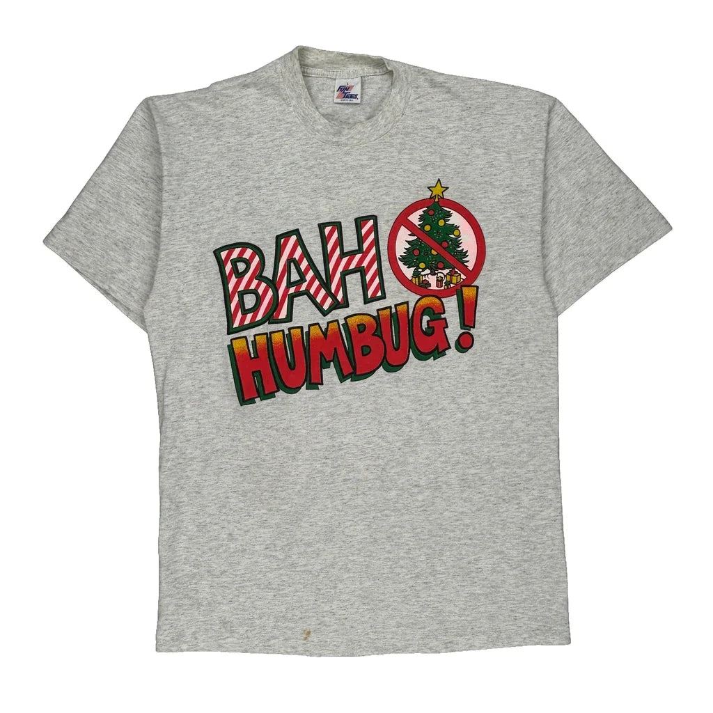 Christmas Fun Tees Single Stitch T-Shirt - Large Grey Cotton Refurbished - Thrifted (note: this is a term often used to describe second- refurbished available on Cerqular