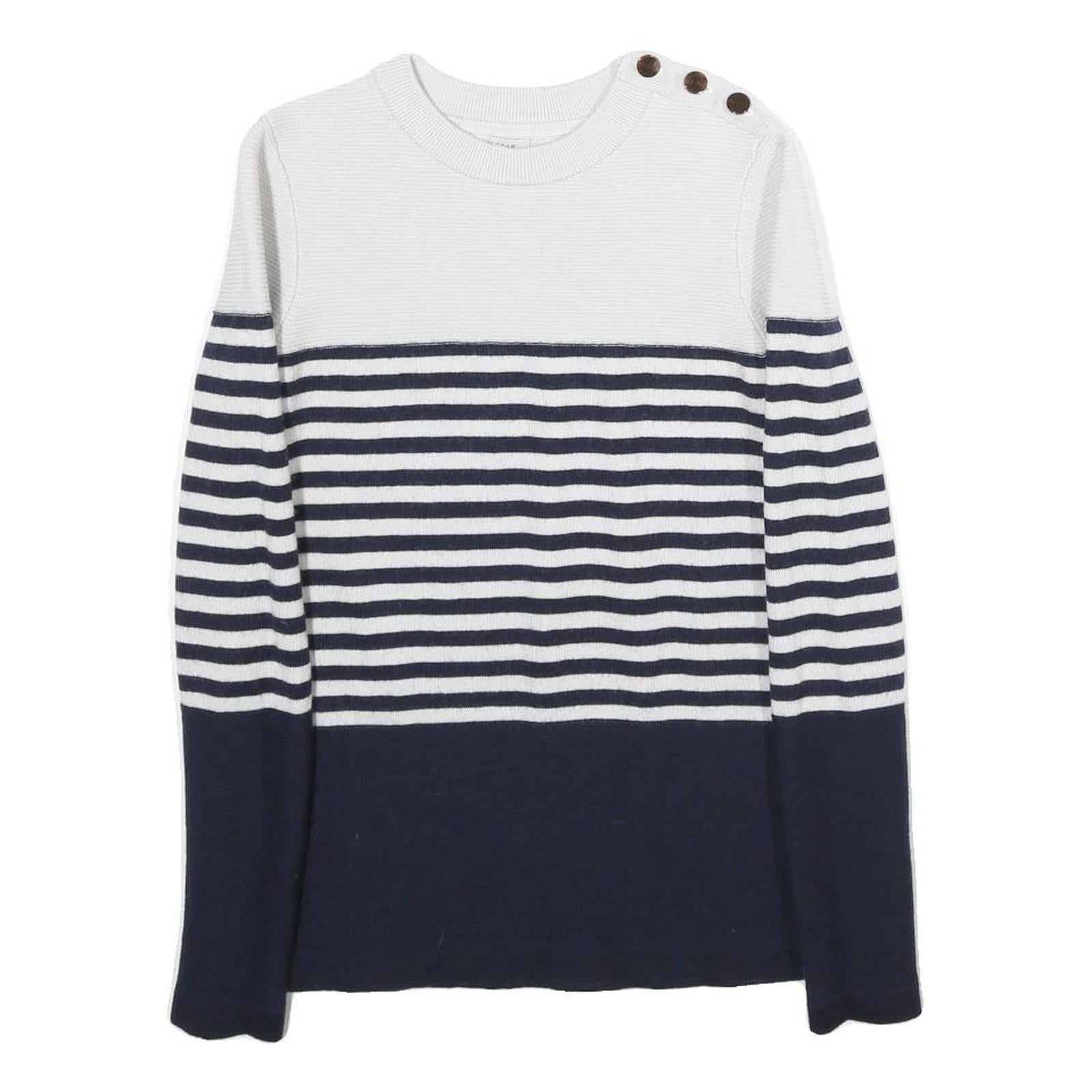JIGSAW Womens White & Navy Striped Plain Wool Crew Neck Basic Knit S Button Refurbished - N/A refurbished available on Cerqular