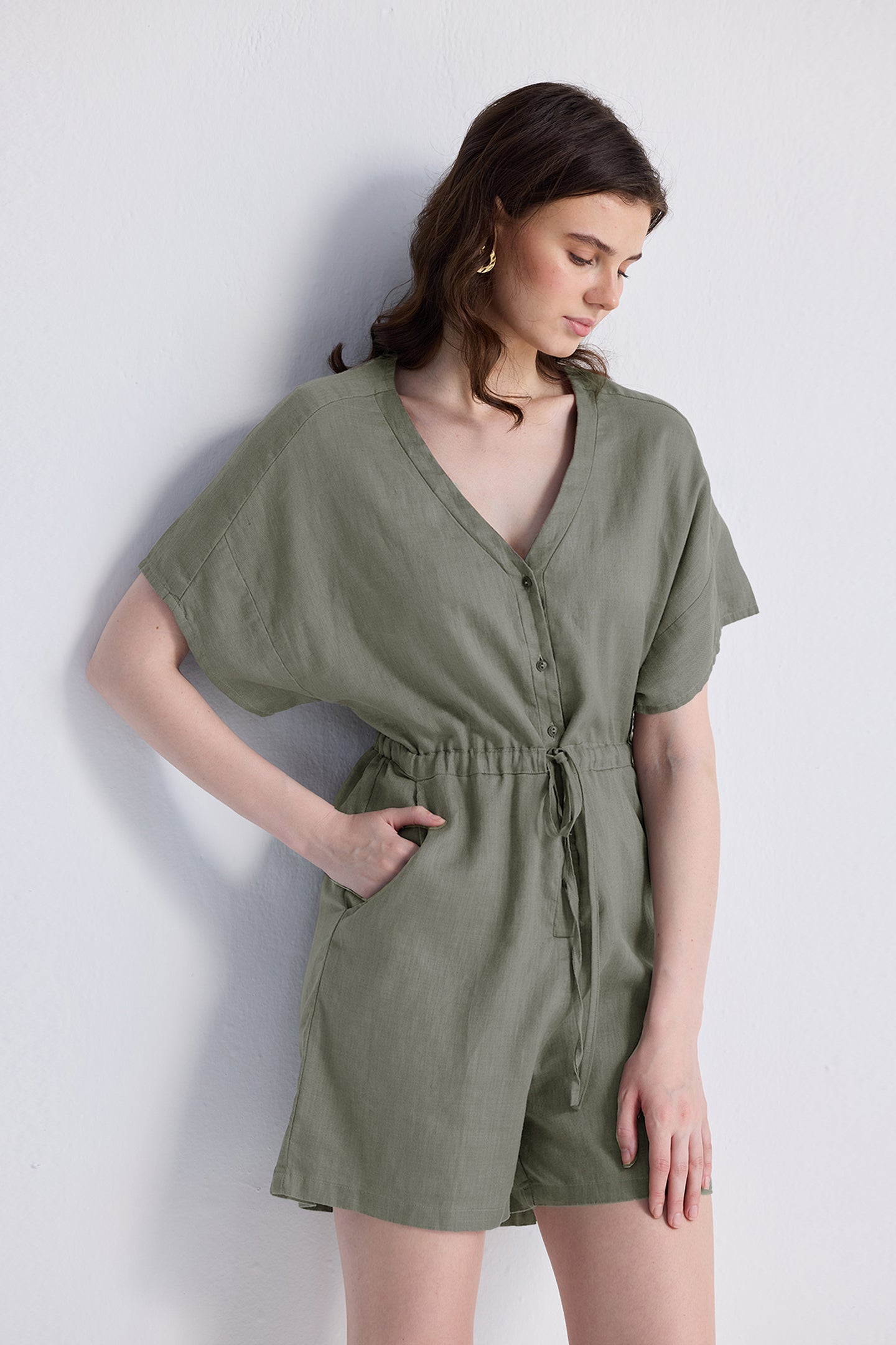 Buy V neck Drawstring Romper in Dark Green | Color: Hemp Dark Green | Size: 2XL Refurbished - $174.00 V neck Drawstring Romper in Dark Green | Color: Hemp Dark Green | Size: 2XL Refurbished - Resistor (Note: This is a generic term for an electronic component, refurbished available on Cerqular