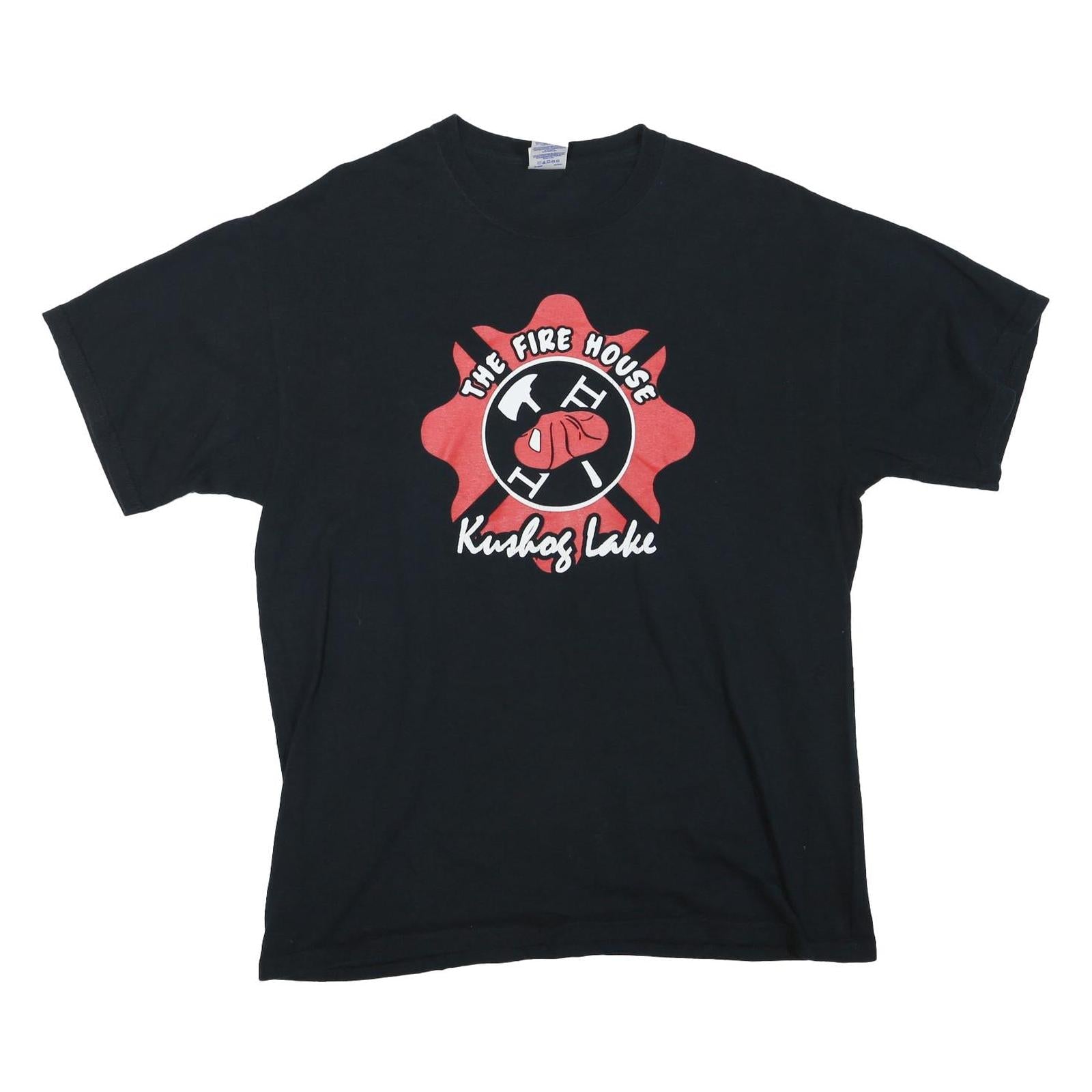 GILDAN Mens Black The Fire House Kushog Lake Graphic T-Shirt L Short Sleeve Crew Refurbished - N/A refurbished available on Cerqular