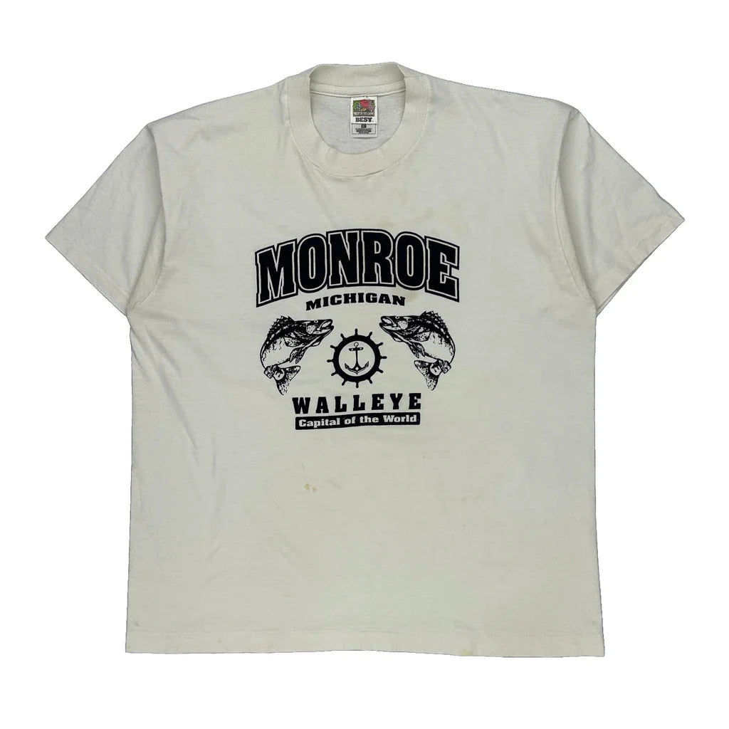 Walleye Capital Of The World Fruit Of The Loom Single Stitch T-Shirt - XL White Cotton Blend Refurbished - Thrifted (note: this is a term often used to describe second- refurbished available on Cerqular