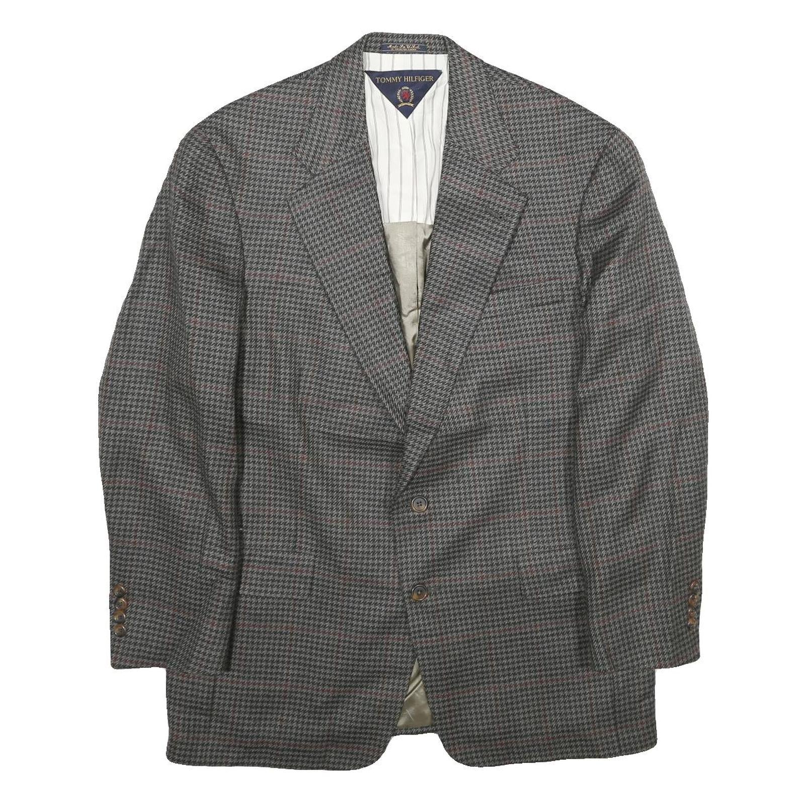 TOMMY HILFIGER Mens Grey & Maroon Checked Blazer Jacket L Cotton Button Classic Refurbished - N/A refurbished available on Cerqular