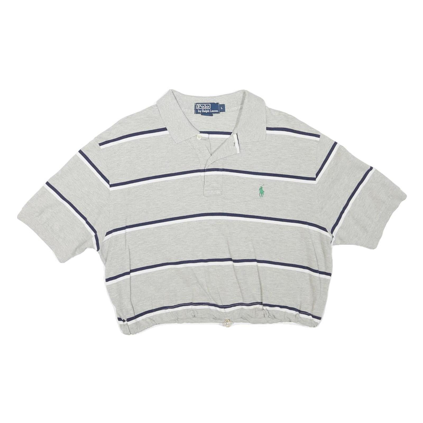 POLO RALPH LAUREN Womens Grey & Navy Striped Short Sleeve Polo Shirt L Crop Refurbished - N/A refurbished available on Cerqular