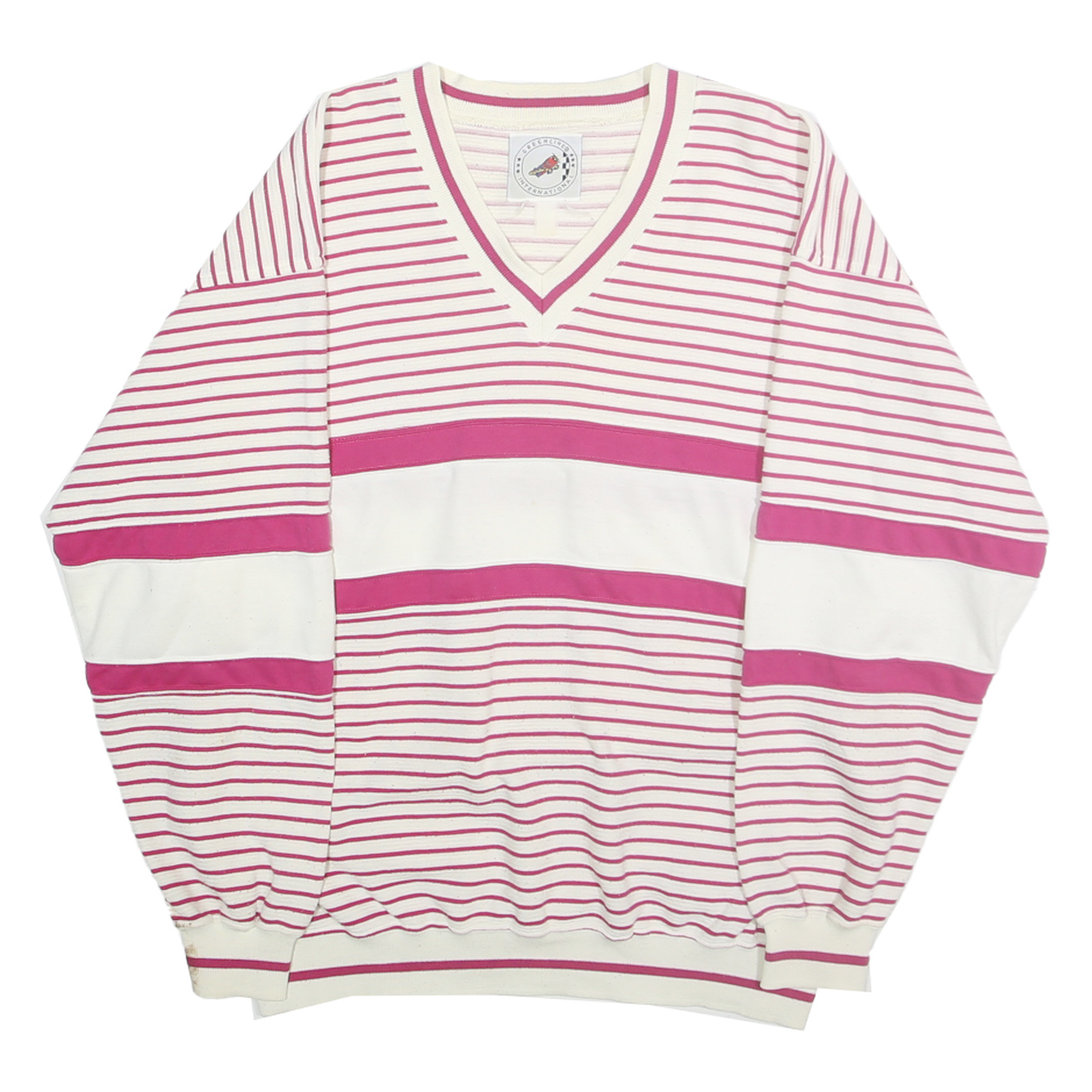 GREENLINE INTERNATIONAL Womens White & Pink Striped V-Neck Sweatshirt L Cotton Refurbished - N/A refurbished available on Cerqular