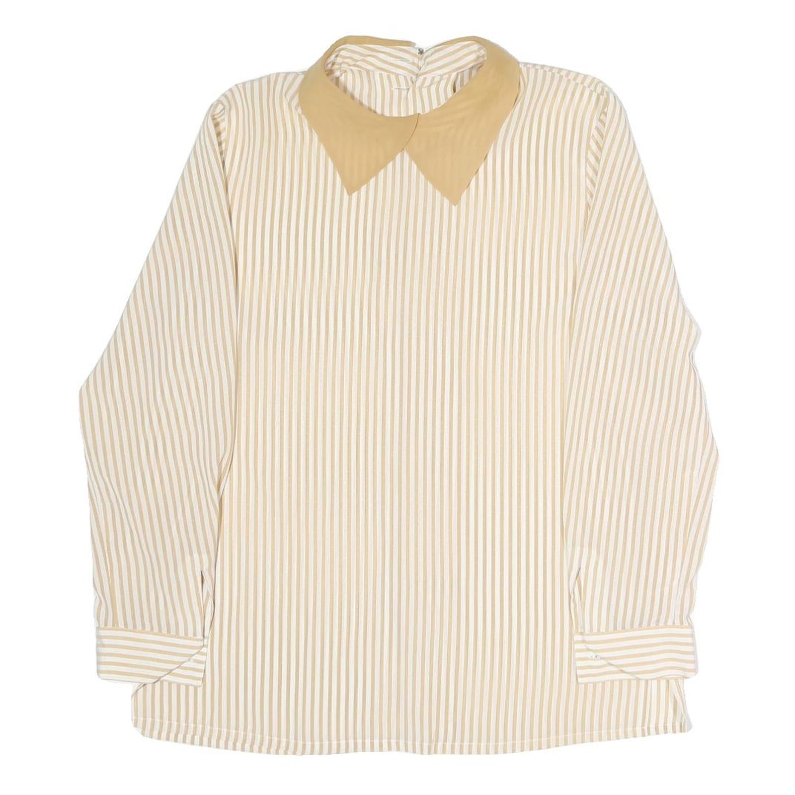 Womens Beige & Cream Striped Top Long Sleeve Button Neck Shirt M Vintage Style Refurbished - N/A refurbished available on Cerqular