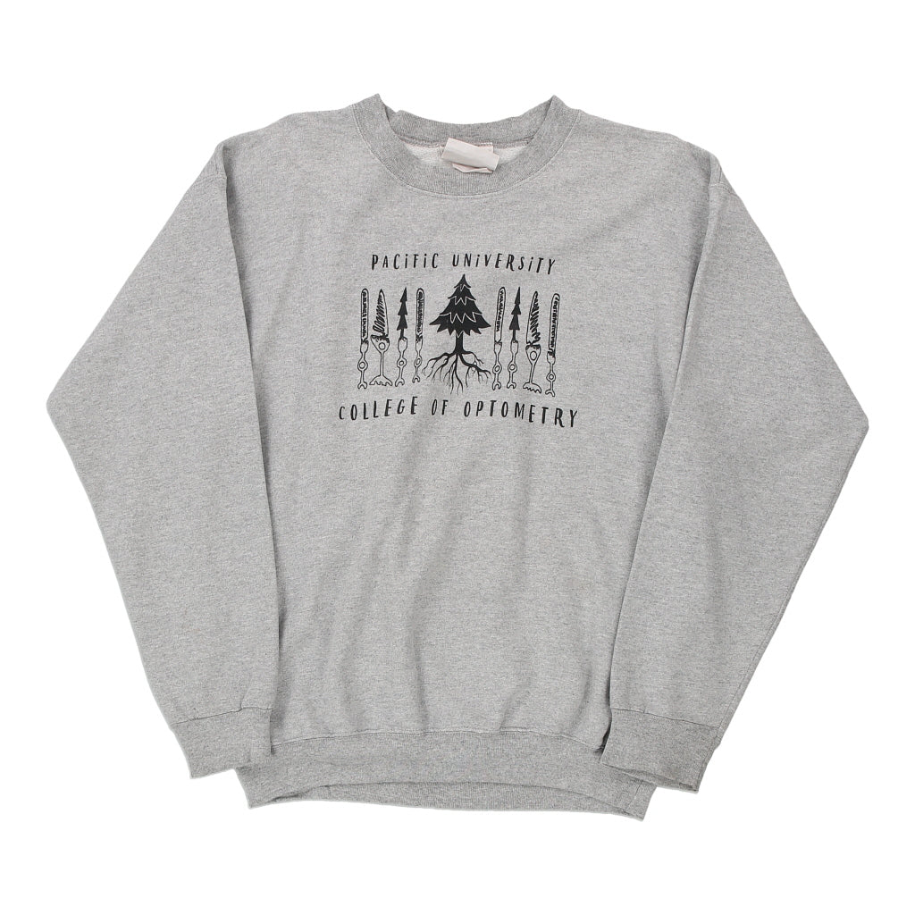 Pacific University Hanes College Sweatshirt - Small Grey Cotton Blend Refurbished - Thrifted (note: this is a term often used to describe second- refurbished available on Cerqular