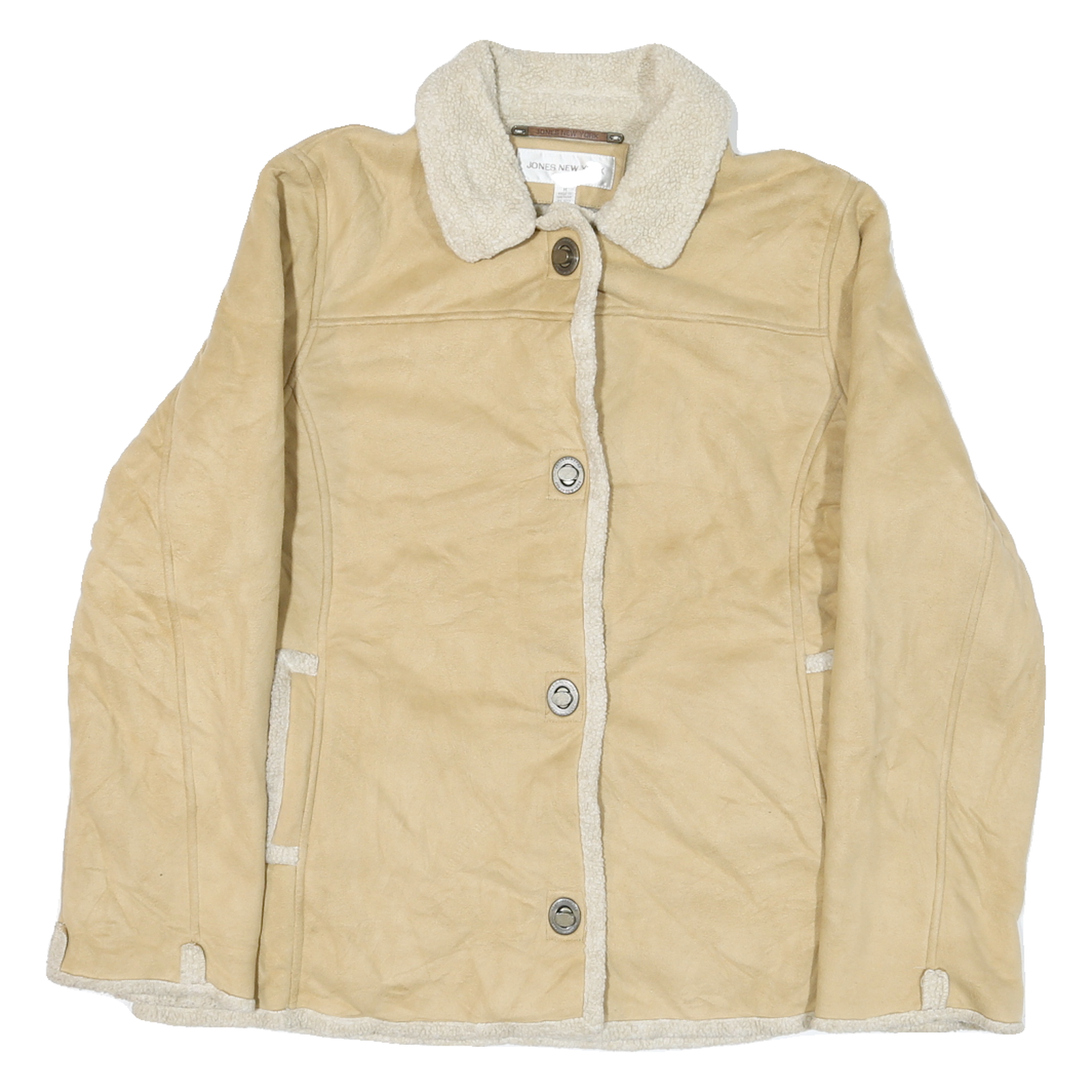 JONES NEW YORK Womens Beige Leather Button Jacket M Shearling Trim Winter Refurbished - N/A refurbished available on Cerqular