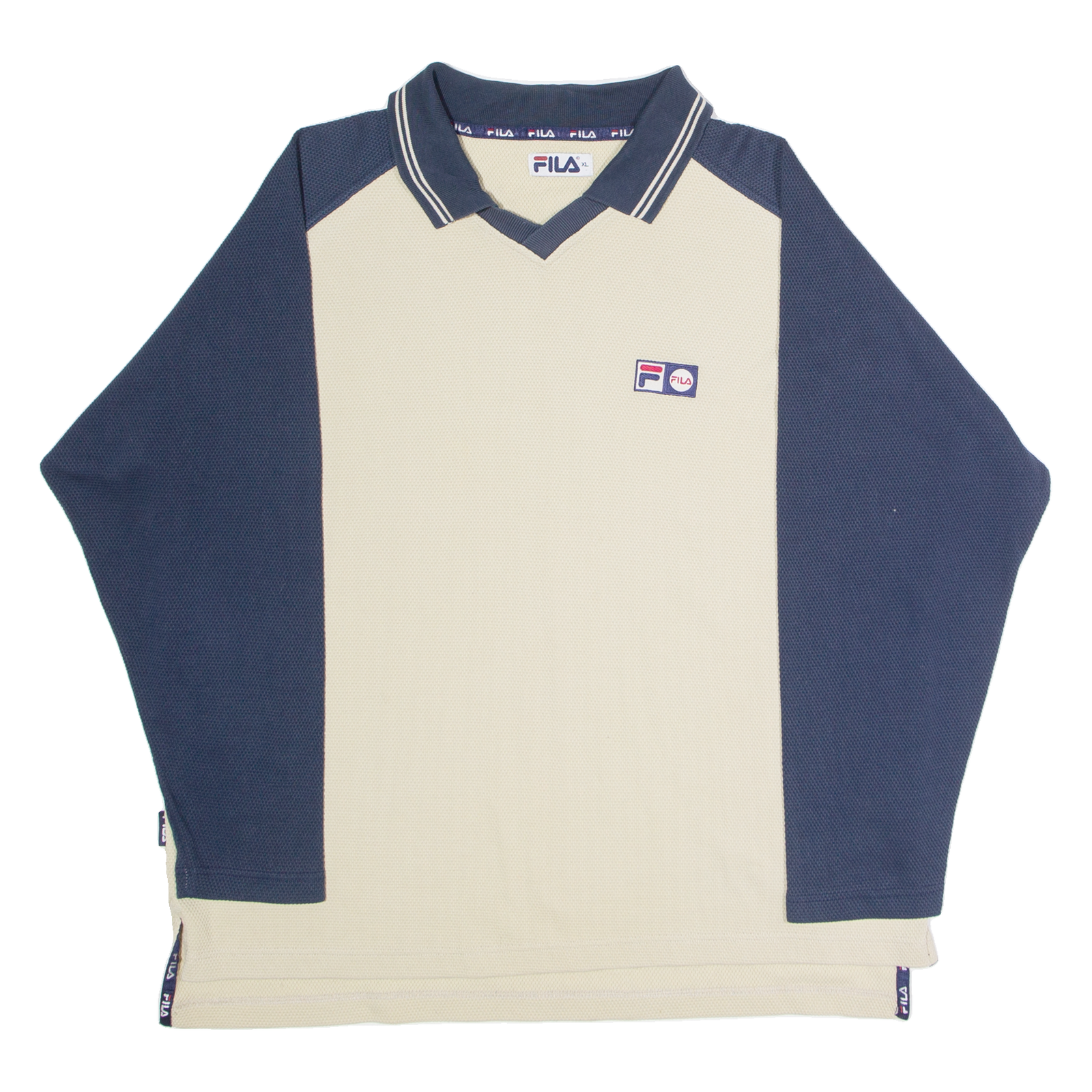 FILA Mens Patterned Jumper Cream Colourblock Collared 90s Tight Knit XL Refurbished - N/A refurbished available on Cerqular