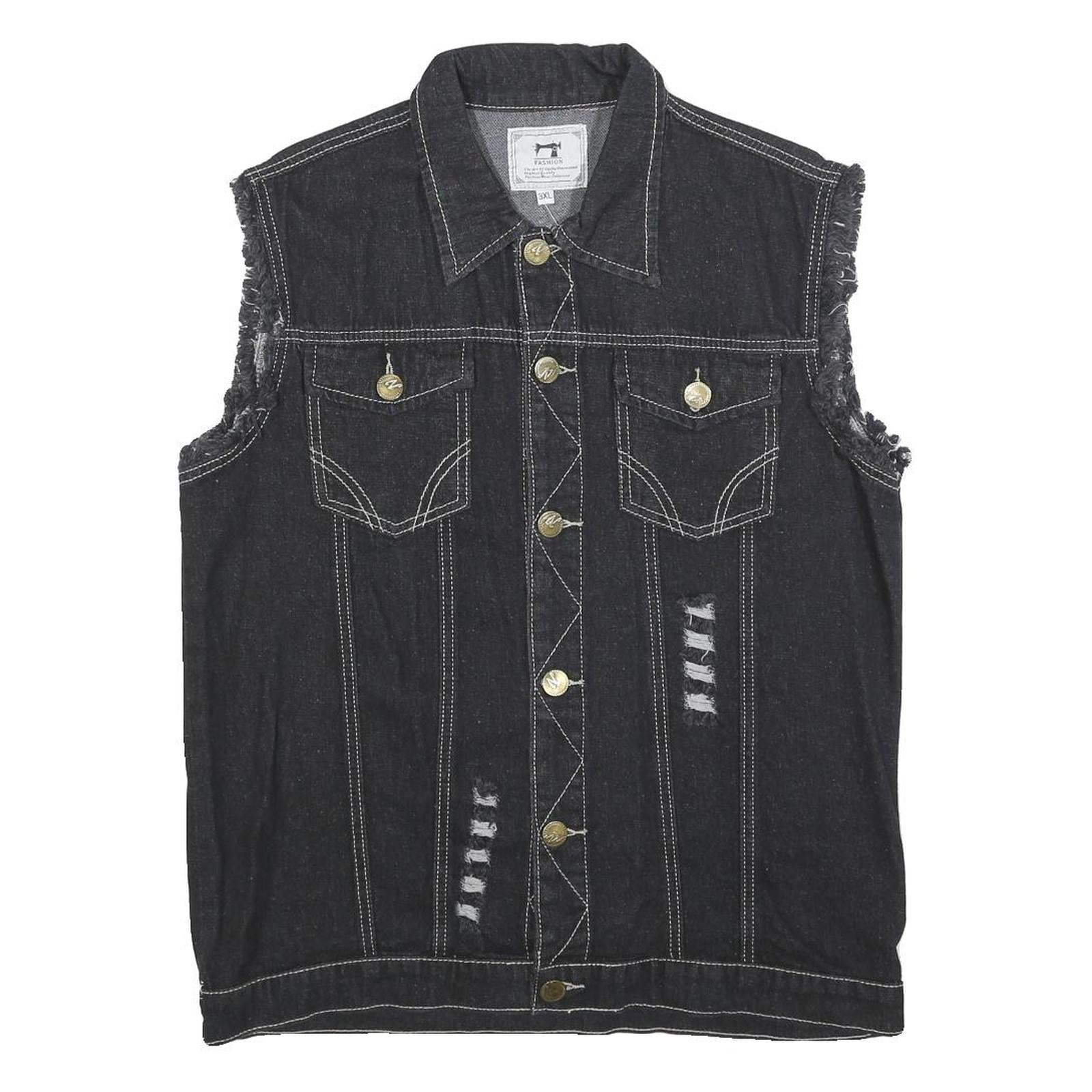 FASHION Womens Black Cotton Denim Sleeveless Jacket 3XL Distressed Biker Style Refurbished - N/A refurbished available on Cerqular