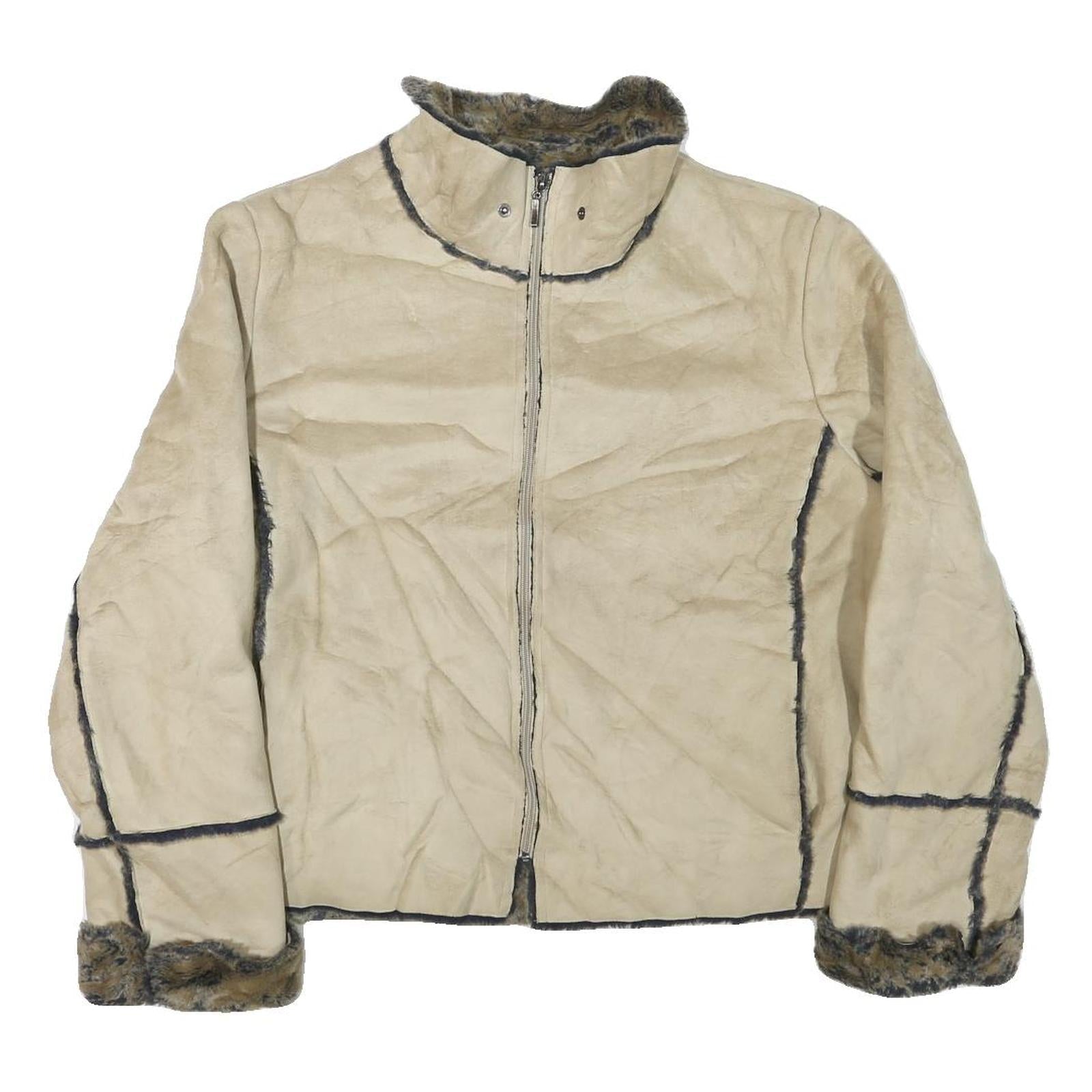 PIZAZZ Womens Beige Suede Zip Jacket XL Faux Fur Trim Casual Warm Outerwear Refurbished - N/A refurbished available on Cerqular