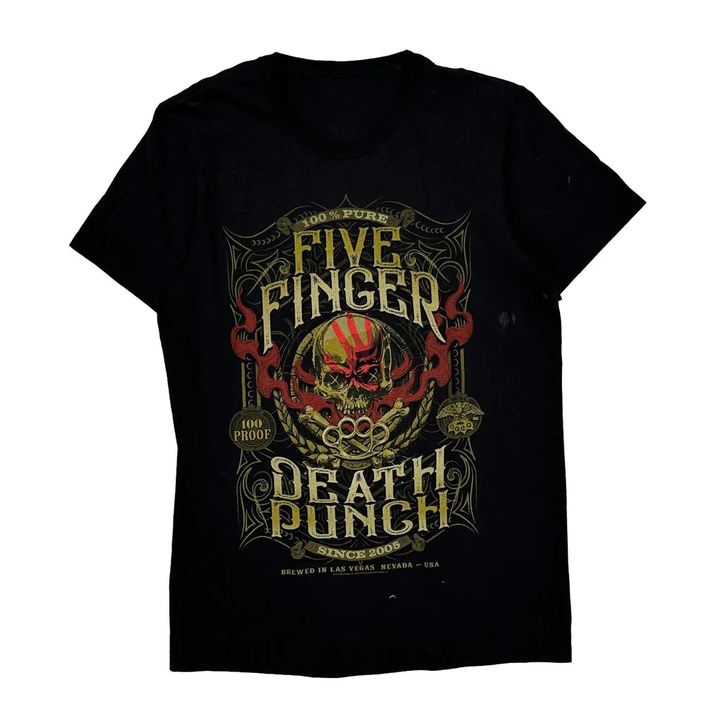 Five Finger Band T-Shirt - Medium Black Cotton Refurbished - Thrifted (note: this is a term often used to describe second- refurbished available on Cerqular