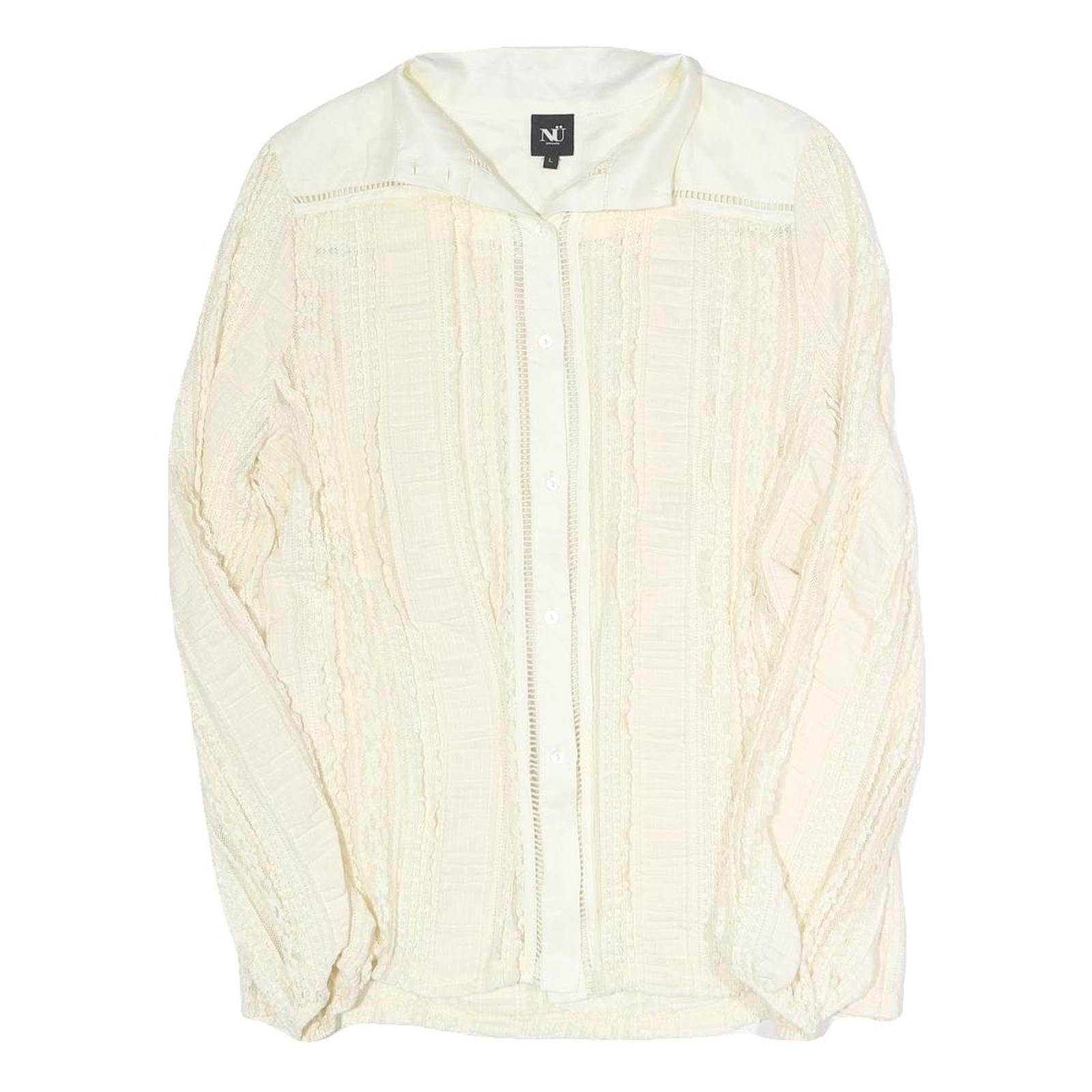 NU Womens Cream Long Sleeve Button Neck Textured Cotton Blend Top L Refurbished - N/A refurbished available on Cerqular